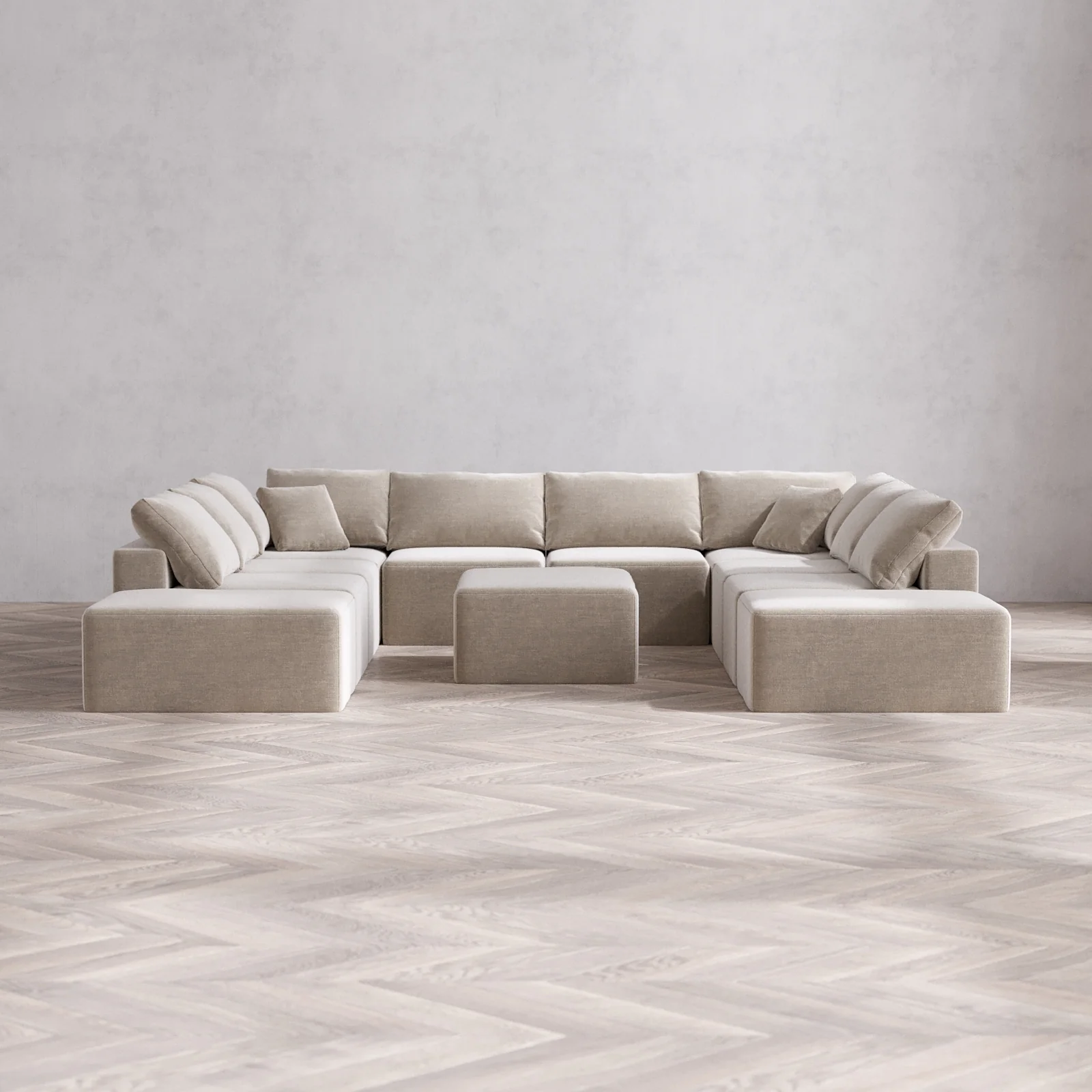 Modular Washable 10-Seater Open-Ends U Sectional + Chaise Ottoman Cloud Sofa | Satin Velvet in Caraway