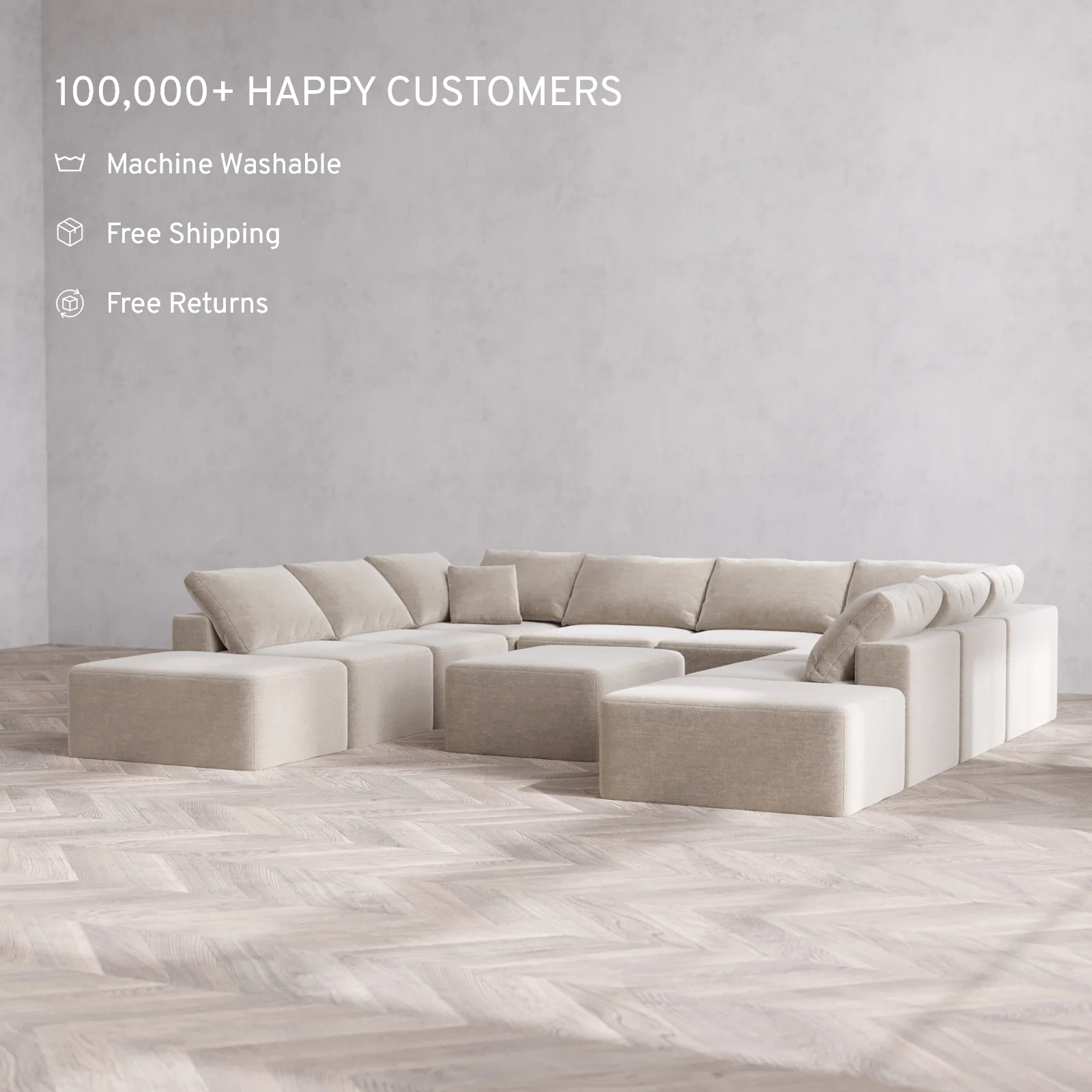Modular Washable 10-Seater Open-Ends U Sectional + Chaise Ottoman Cloud Sofa | Satin Velvet in Caraway - Image 2