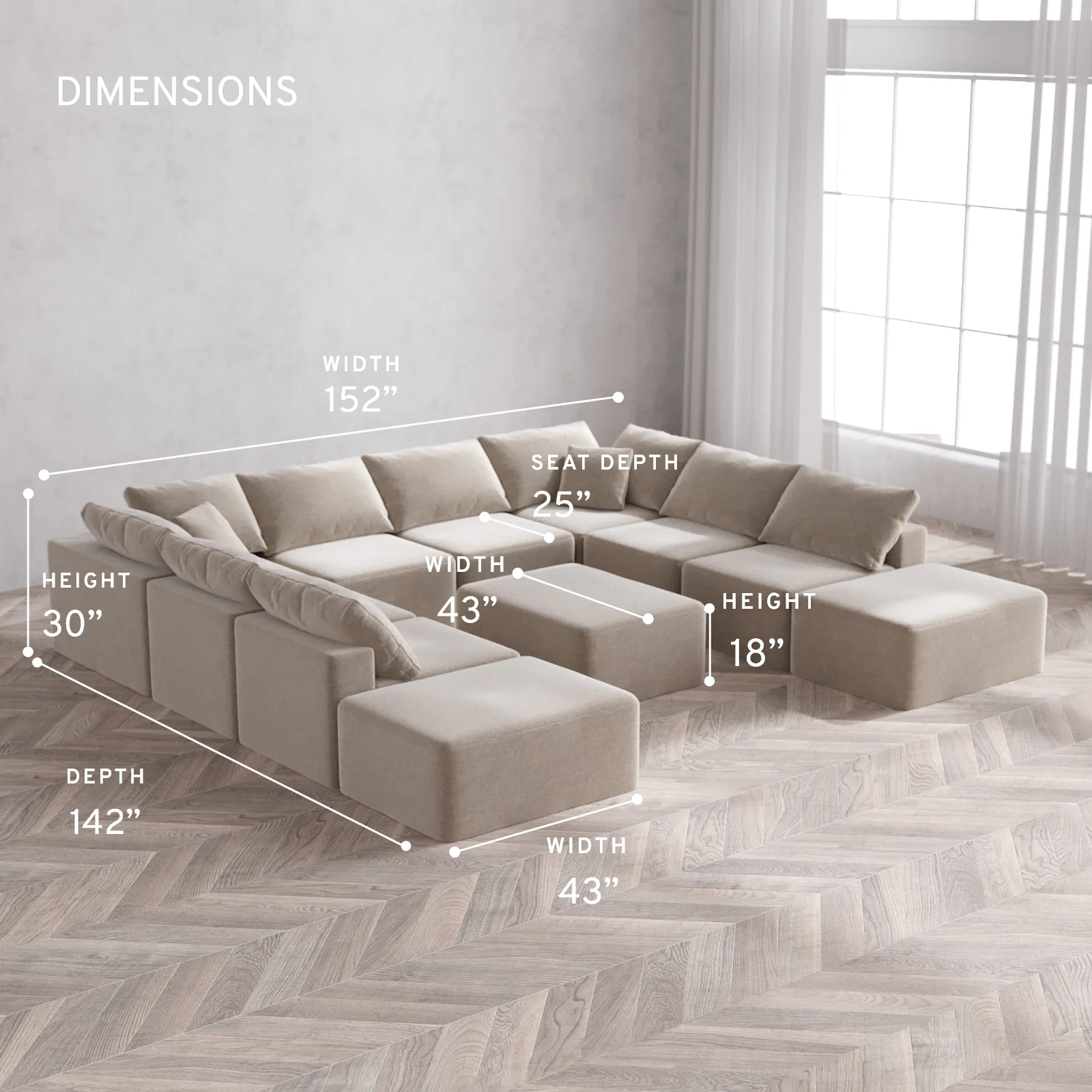 Modular Washable 10-Seater Open-Ends U Sectional + Chaise Ottoman Cloud Sofa | Satin Velvet in Caraway - Image 5