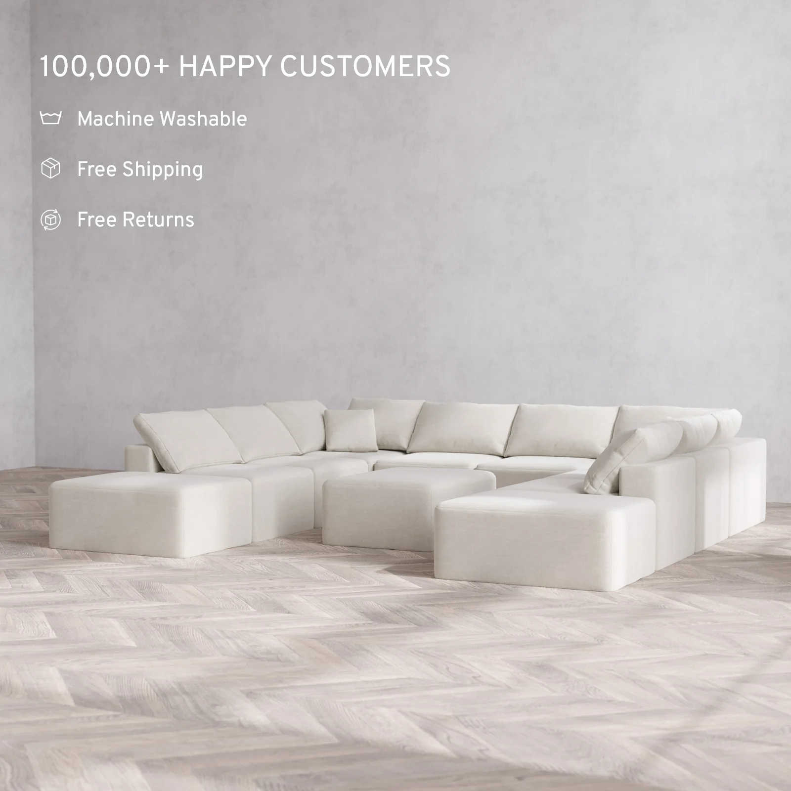 Modular Washable 10-Seater Open-Ends U Sectional + Chaise Ottoman Cloud Sofa | Satin Velvet in Cashew - Image 2