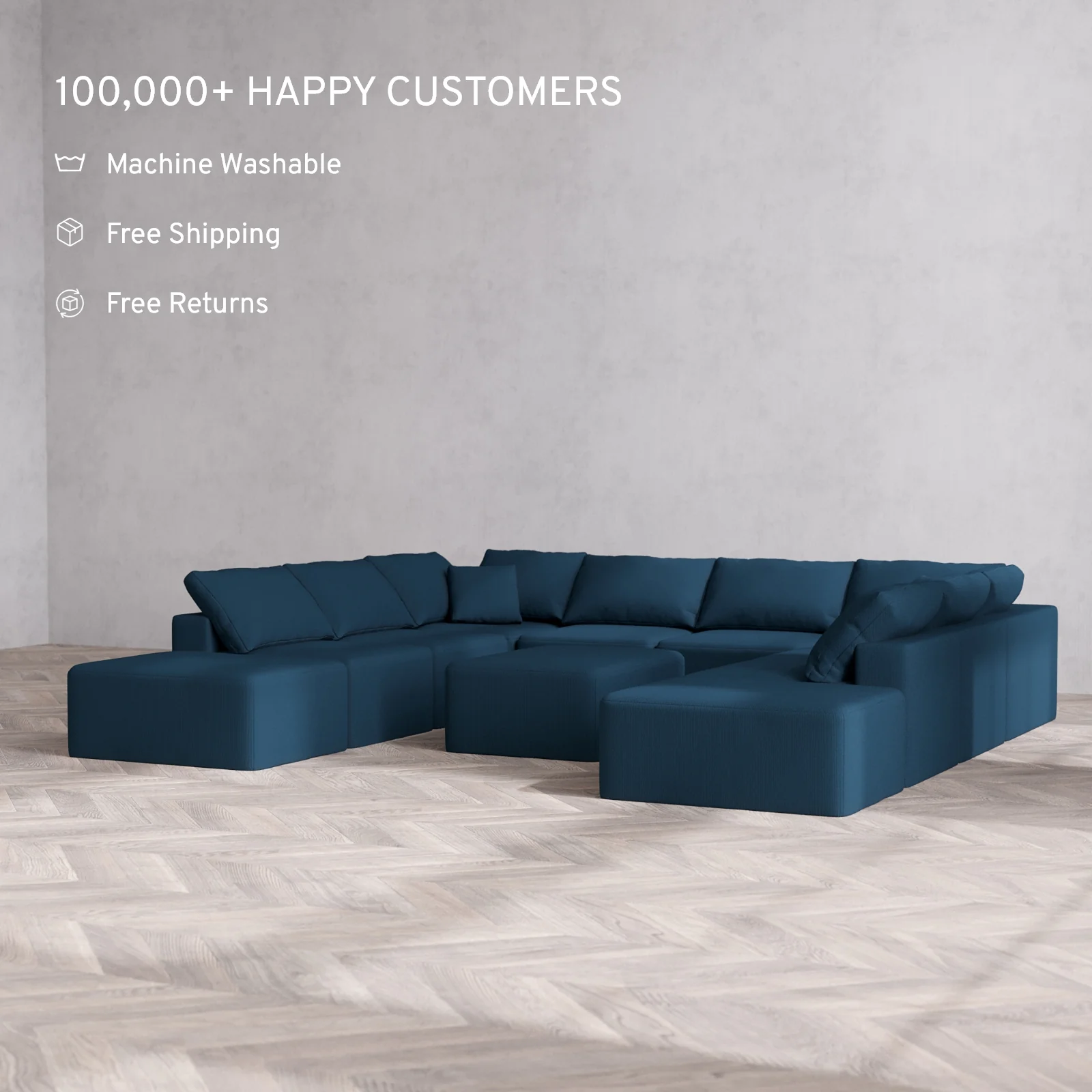 Modular Washable 10-Seater Open-Ends U Sectional + Chaise Ottoman Cloud Sofa | Arden Weave in Lazuli - Image 2