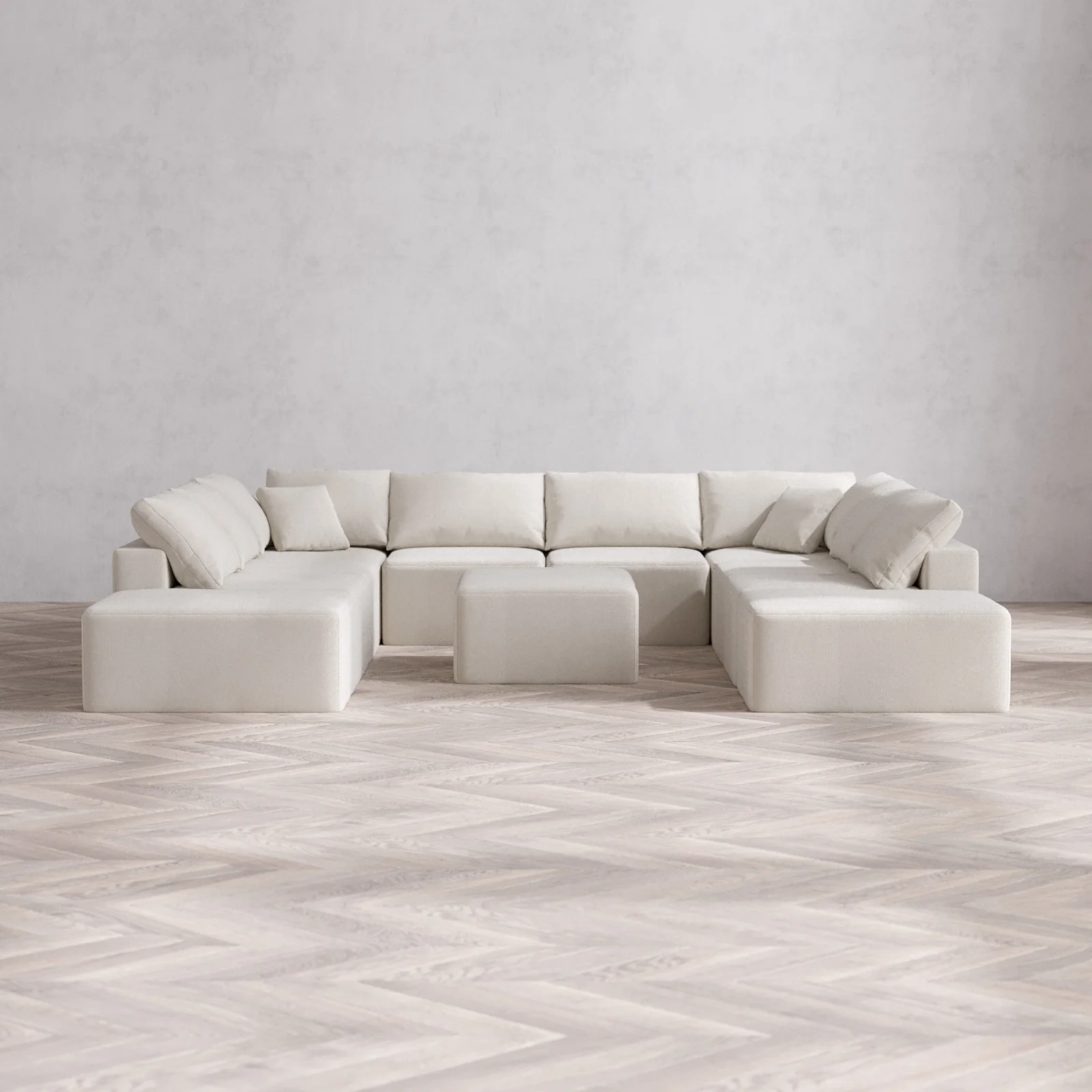 Modular Washable 10-Seater Open-Ends U Sectional + Chaise Ottoman Cloud Sofa | Lux Weave in Pearl