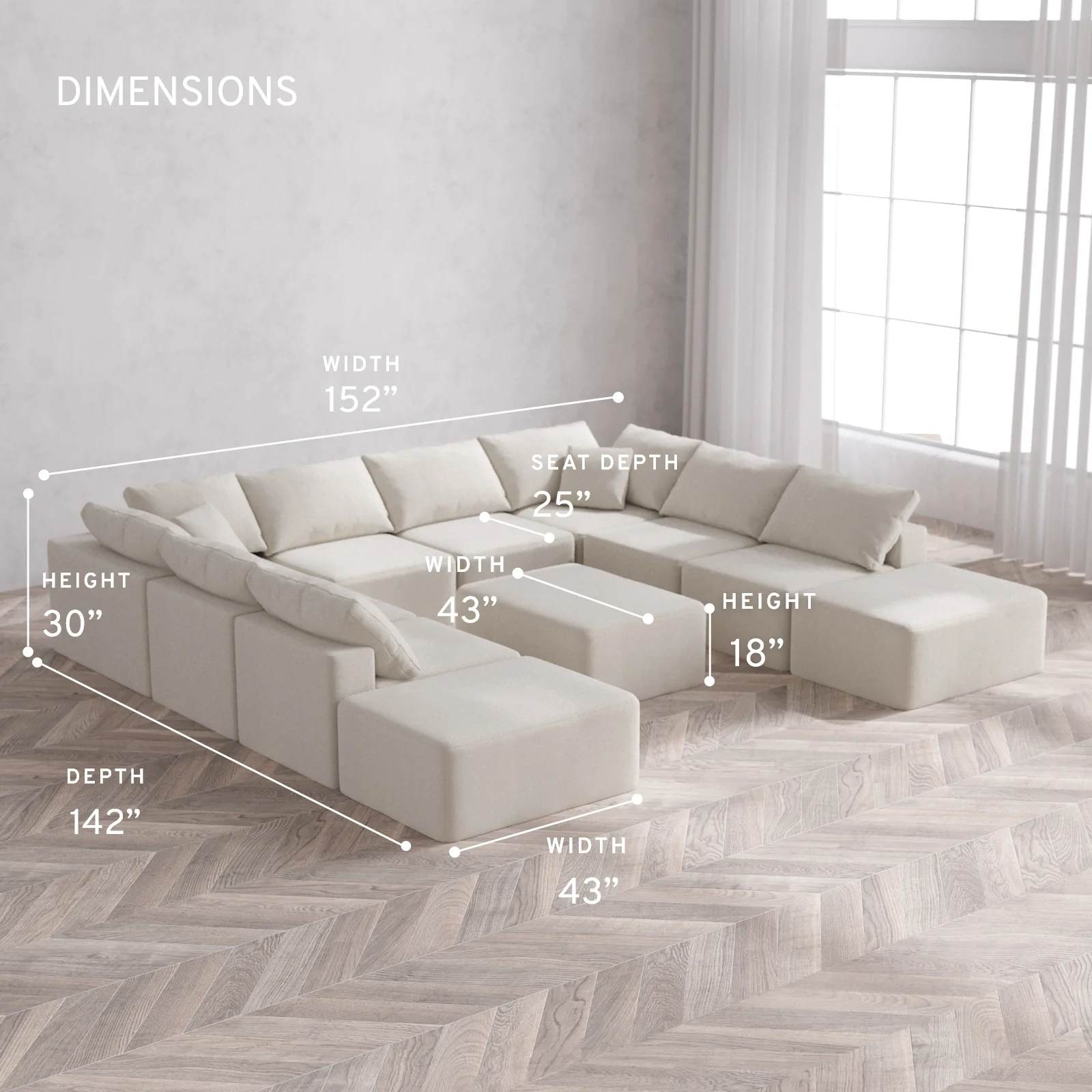 Modular Washable 10-Seater Open-Ends U Sectional + Chaise Ottoman Cloud Sofa | Lux Weave in Pearl - Image 5