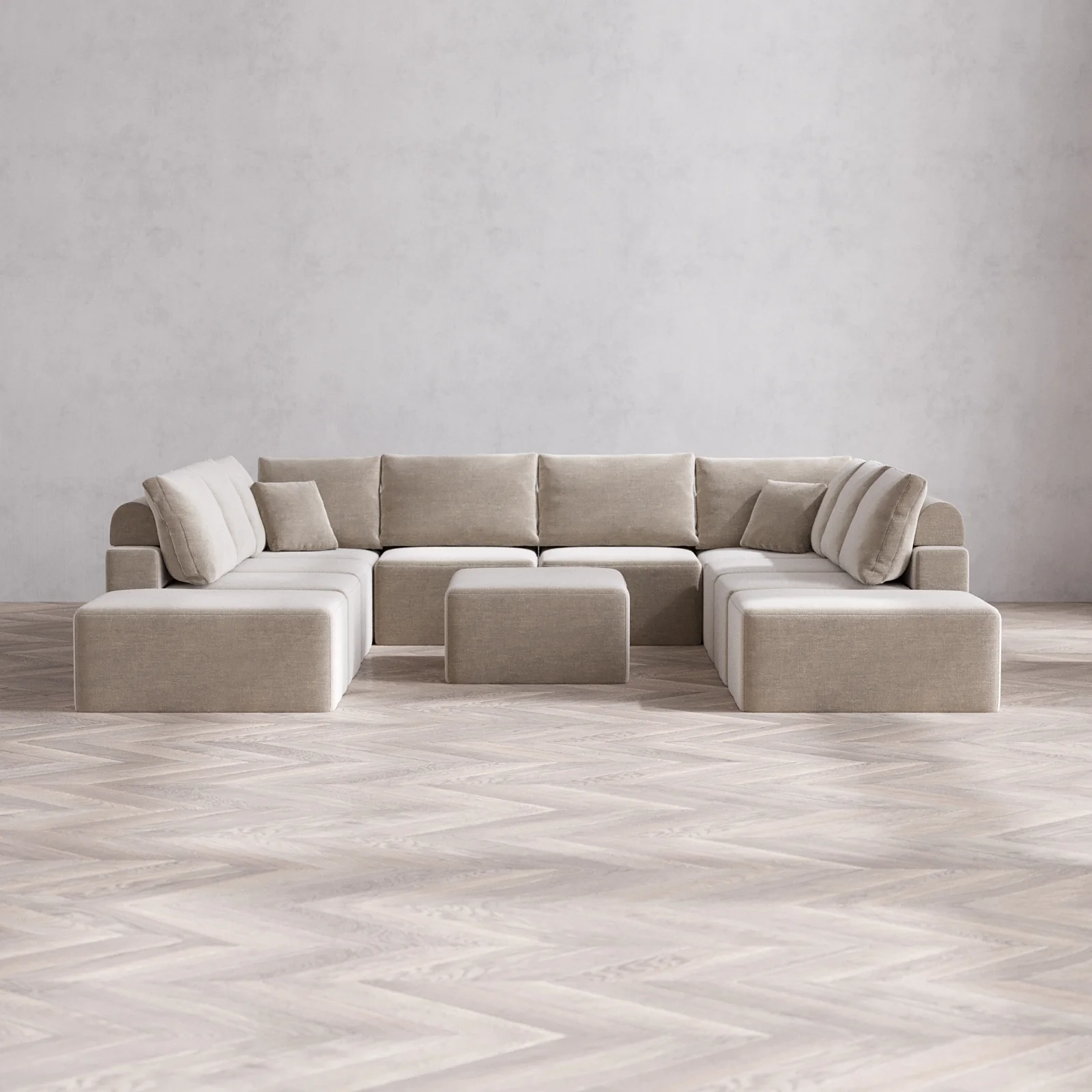 Modular Washable 10-Seater Open-Ends U Sectional + Chaise Ottoman Cloud + Bolster Sofa | Satin Velvet in Caraway