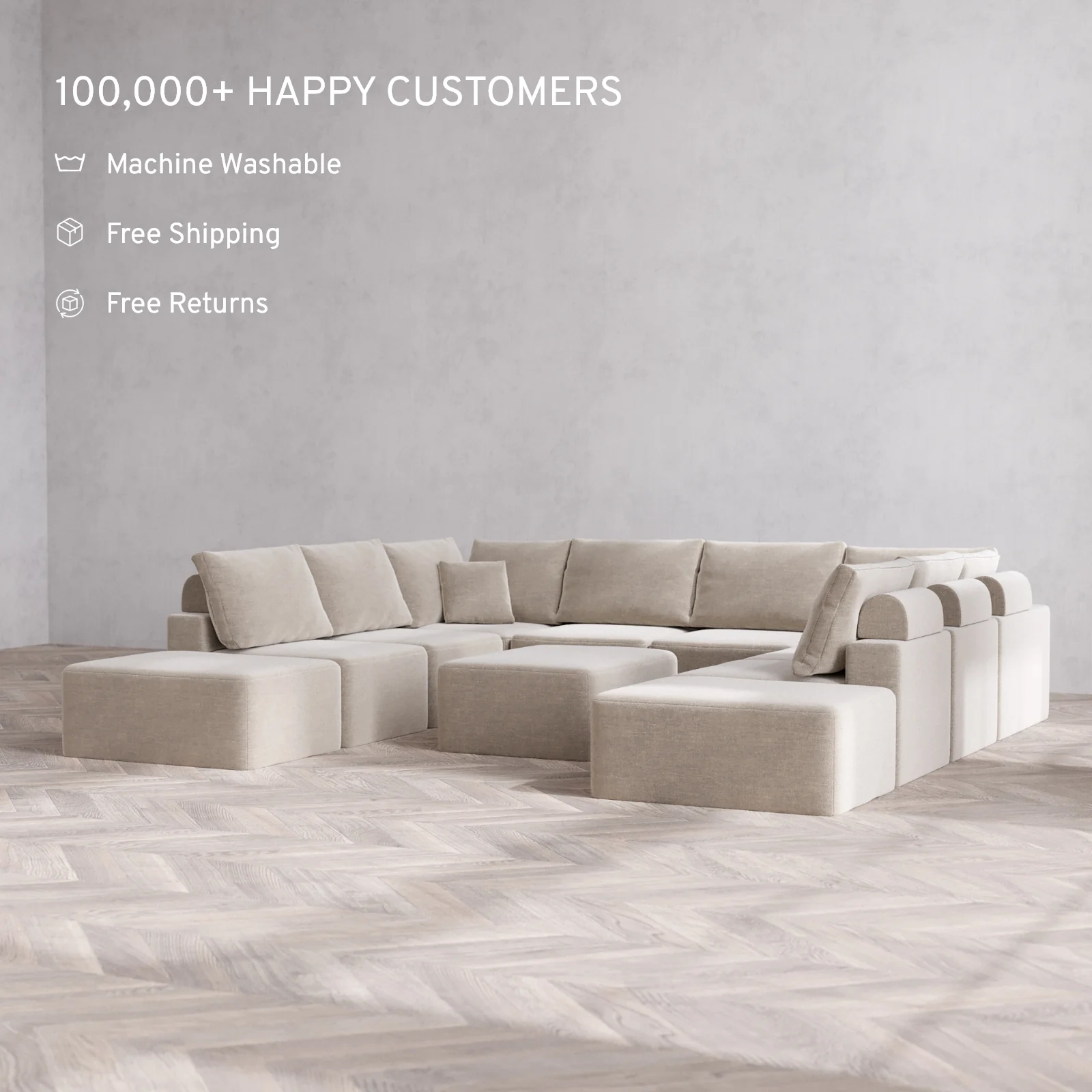 Modular Washable 10-Seater Open-Ends U Sectional + Chaise Ottoman Cloud + Bolster Sofa | Satin Velvet in Caraway - Image 2