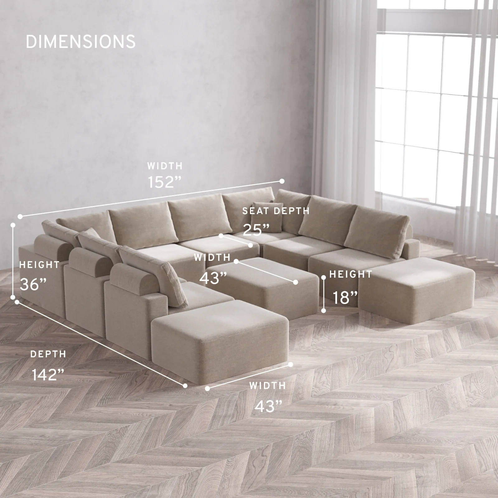 Modular Washable 10-Seater Open-Ends U Sectional + Chaise Ottoman Cloud + Bolster Sofa | Satin Velvet in Caraway - Image 5