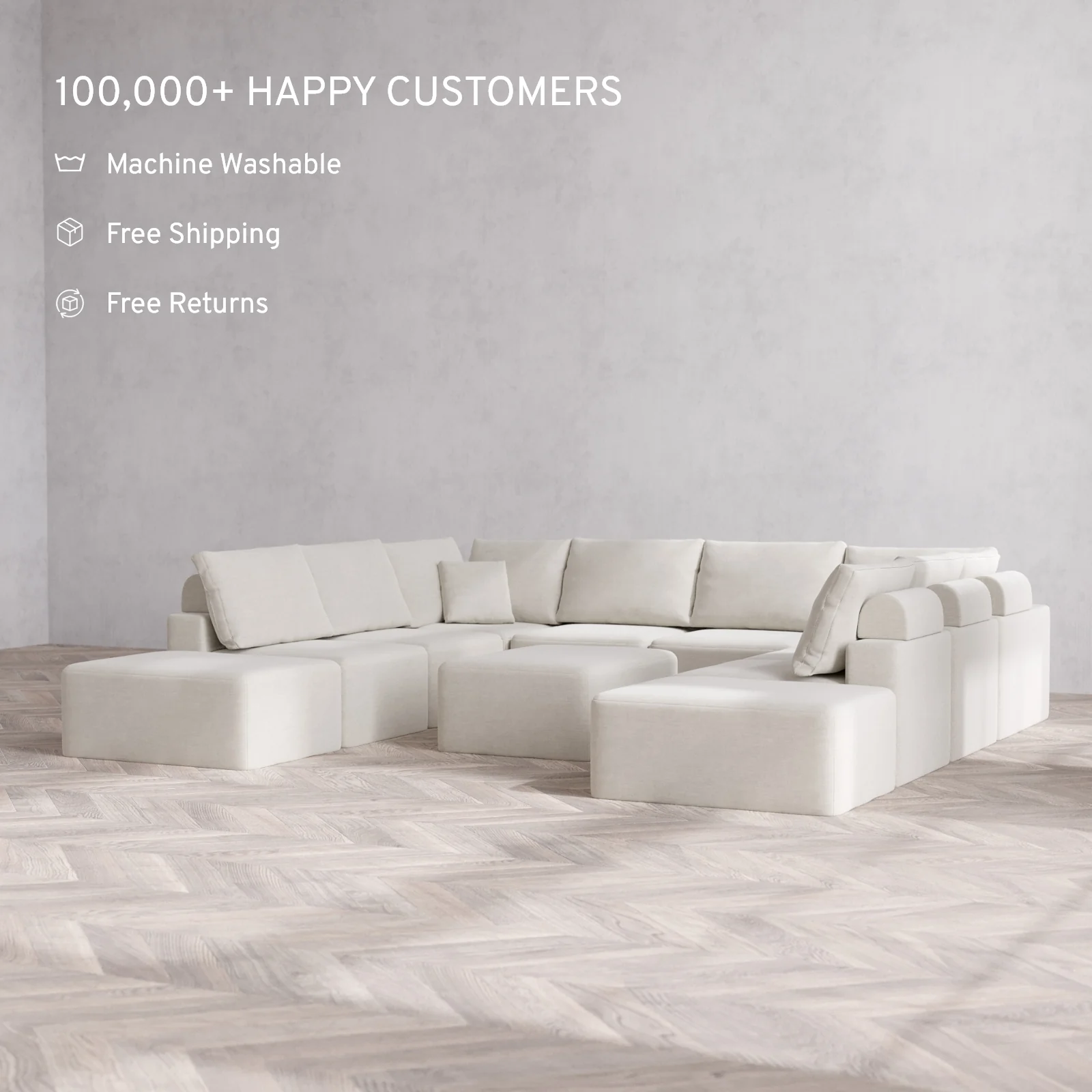 Modular Washable 10-Seater Open-Ends U Sectional + Chaise Ottoman Cloud + Bolster Sofa | Satin Velvet in Cashew - Image 2