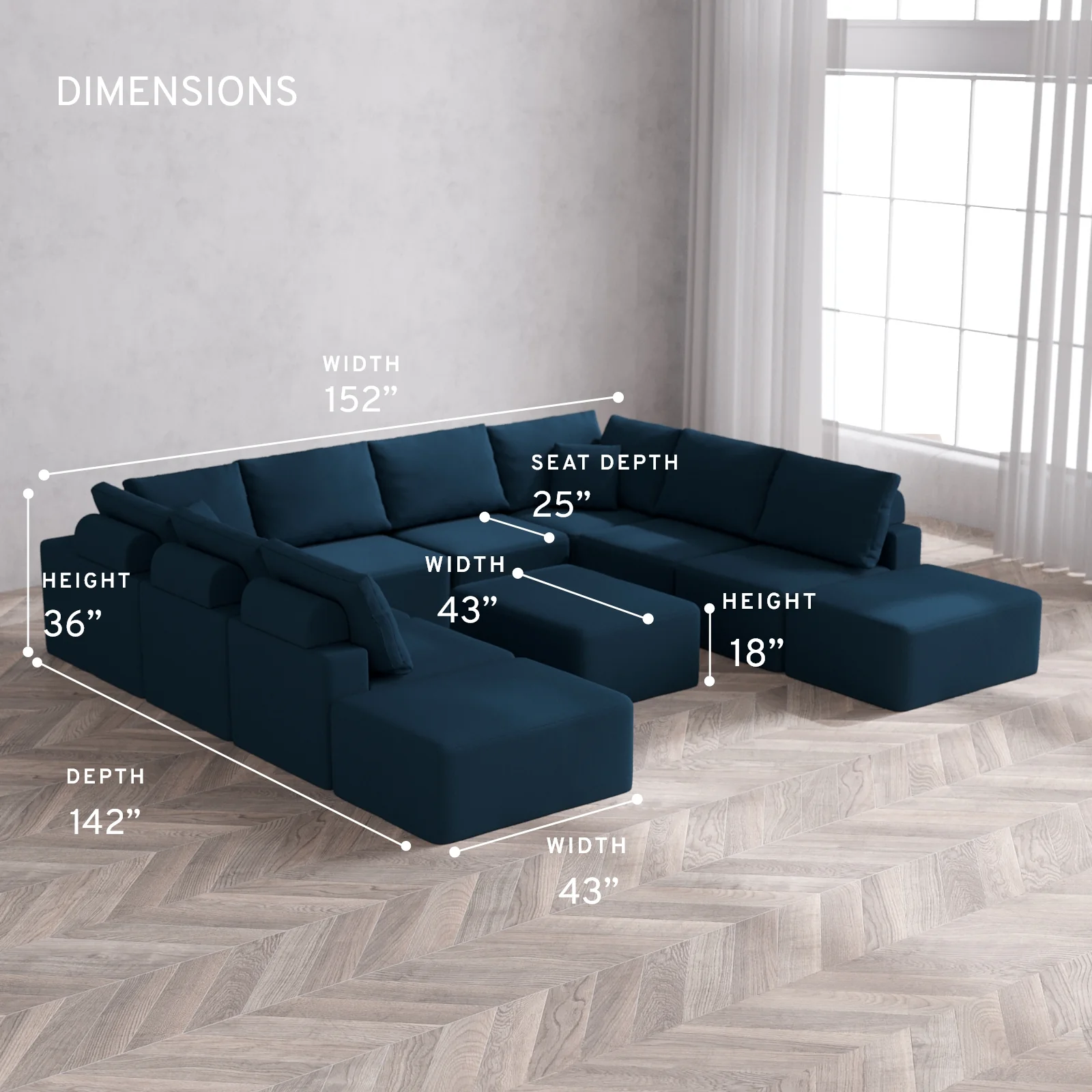 Modular Washable 10-Seater Open-Ends U Sectional + Chaise Ottoman Cloud + Bolster Sofa | Arden Weave in Lazuli - Image 5