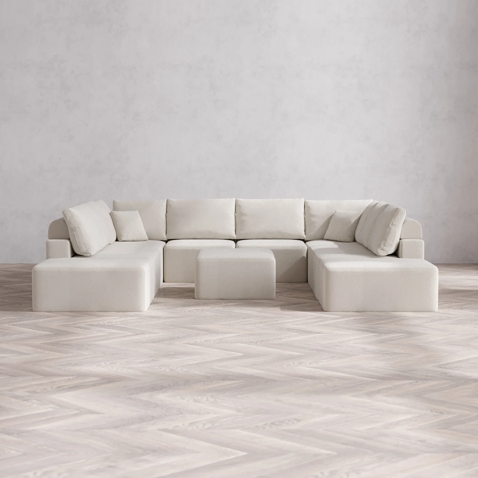 Modular Washable 10-Seater Open-Ends U Sectional + Chaise Ottoman Cloud + Bolster Sofa | Lux Weave in Pearl