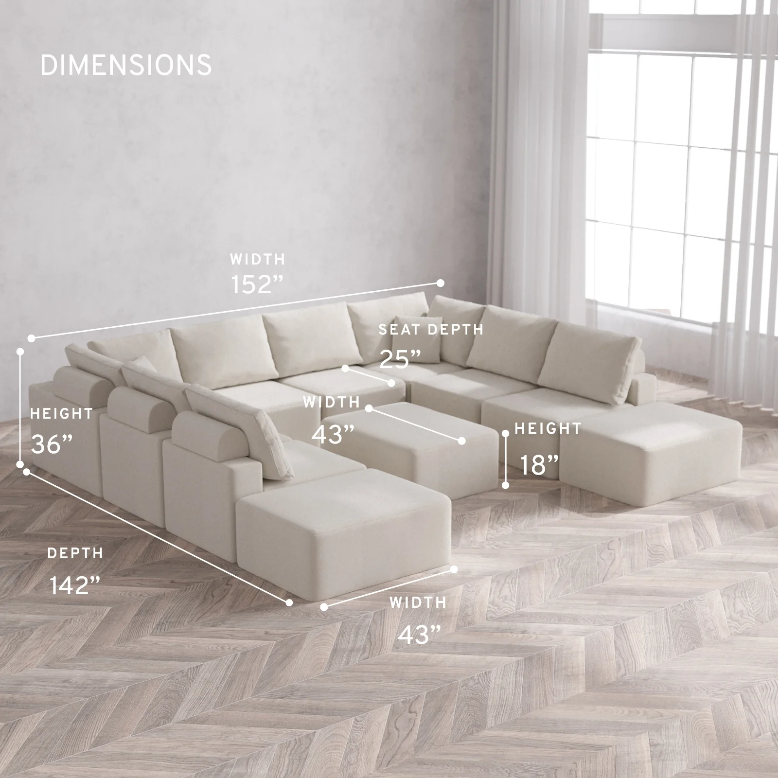 Modular Washable 10-Seater Open-Ends U Sectional + Chaise Ottoman Cloud + Bolster Sofa | Lux Weave in Pearl - Image 5