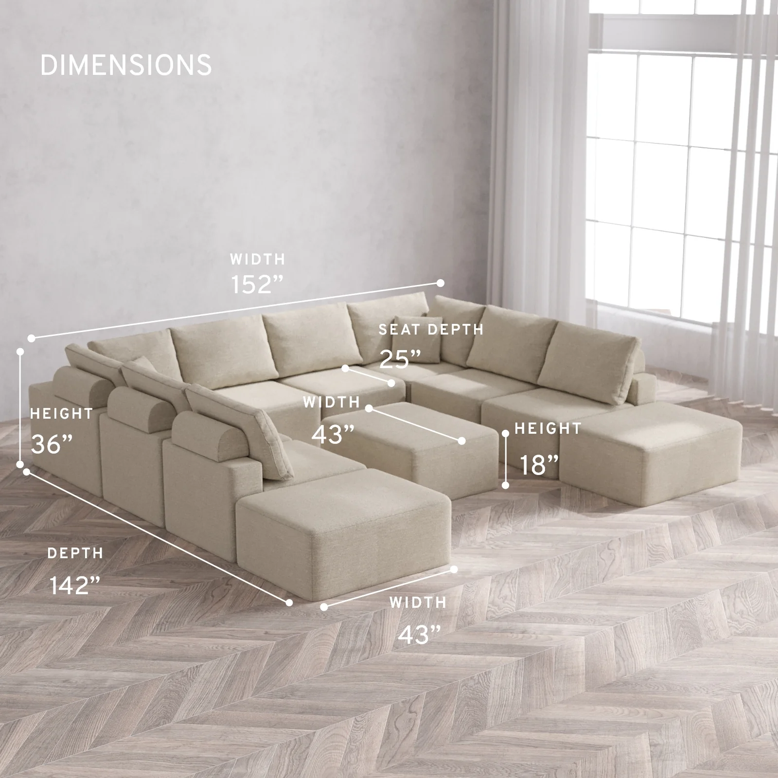 Modular Washable 10-Seater Open-Ends U Sectional + Chaise Ottoman Cloud + Bolster Sofa | Plush Twill in Sandstone - Image 5