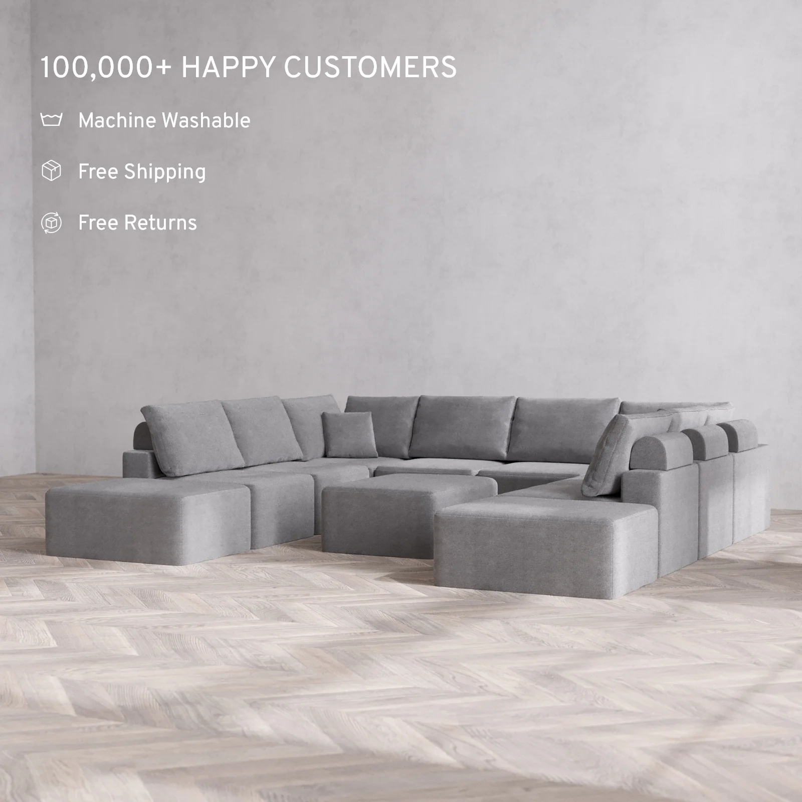 Modular Washable 10-Seater Open-Ends U Sectional + Chaise Ottoman Cloud + Bolster Sofa | Lux Weave in Slate - Image 2