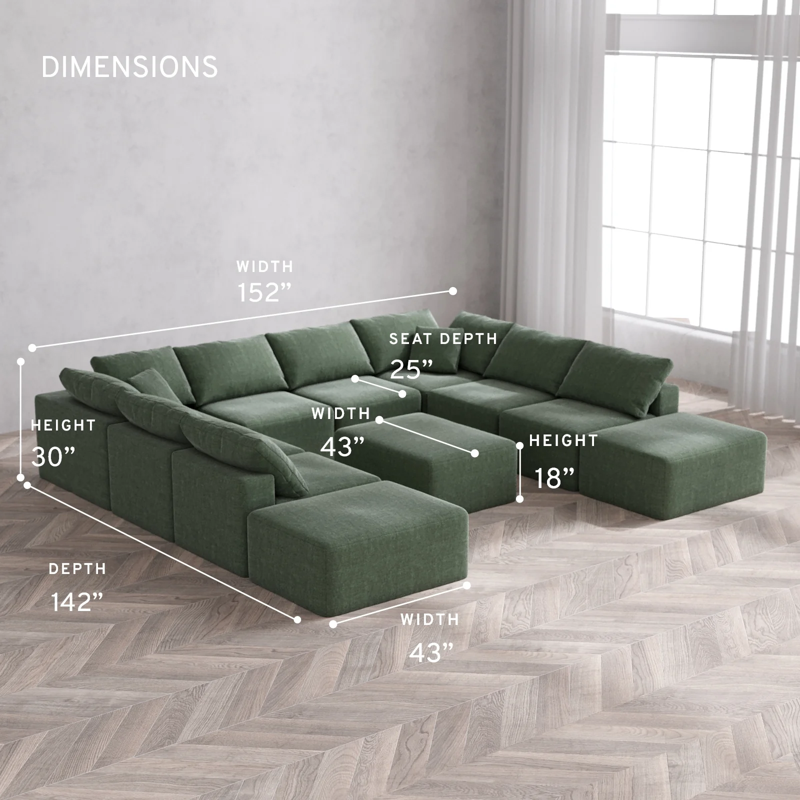 Modular Washable 10-Seater Open-Ends U Sectional + Chaise Ottoman Cloud Sofa | Heirloom Velvet in Sage - Image 5