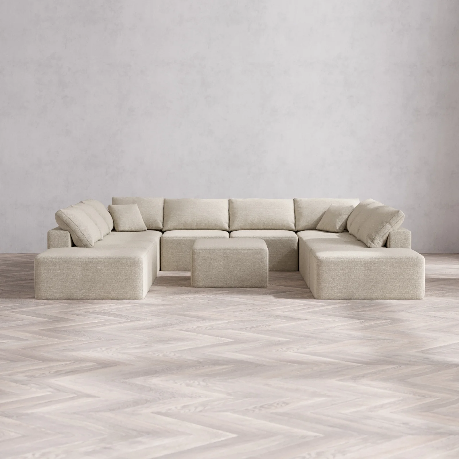 Modular Washable 10-Seater Open-Ends U Sectional + Chaise Ottoman Cloud Sofa | Plush Twill in Sandstone