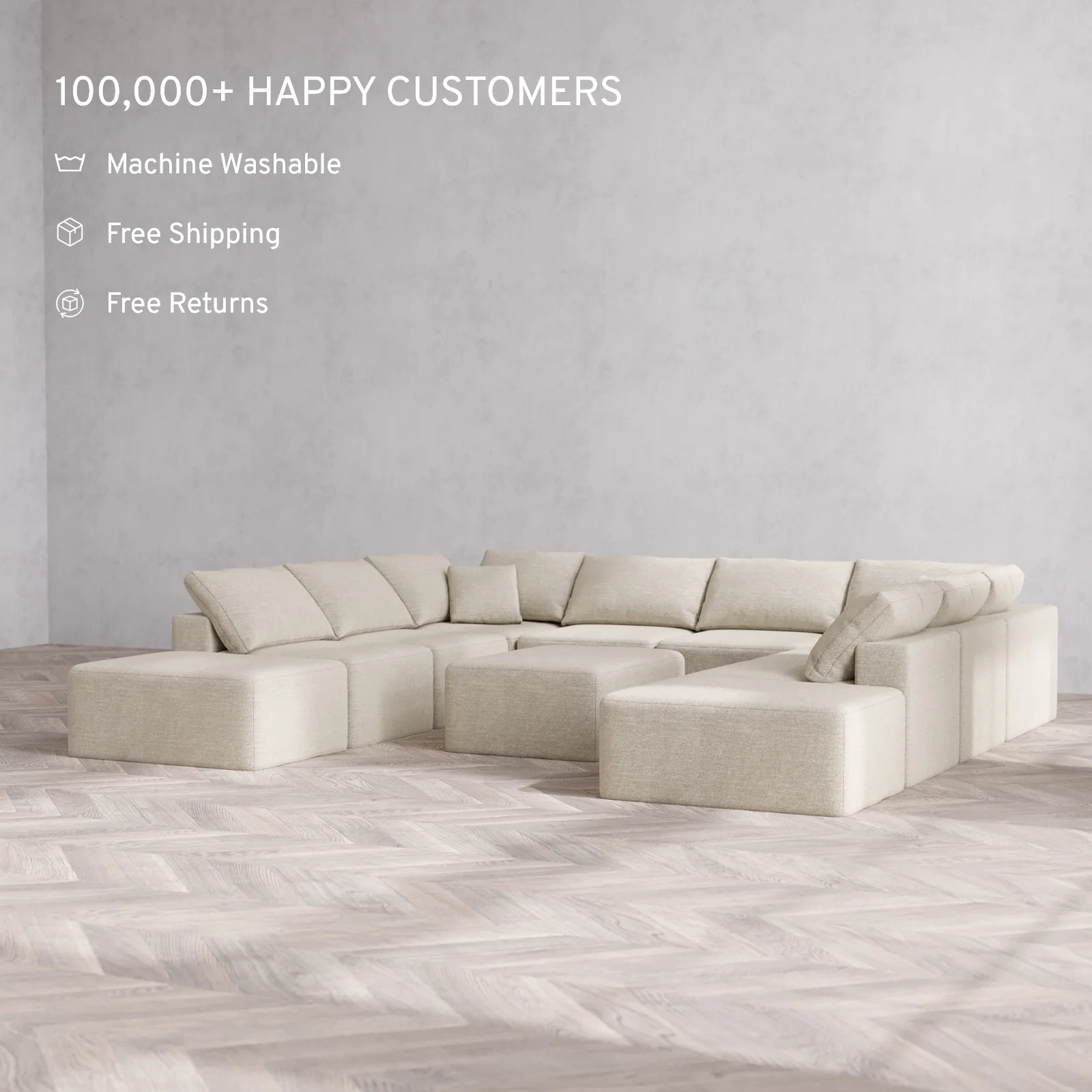Modular Washable 10-Seater Open-Ends U Sectional + Chaise Ottoman Cloud Sofa | Plush Twill in Sandstone - Image 2