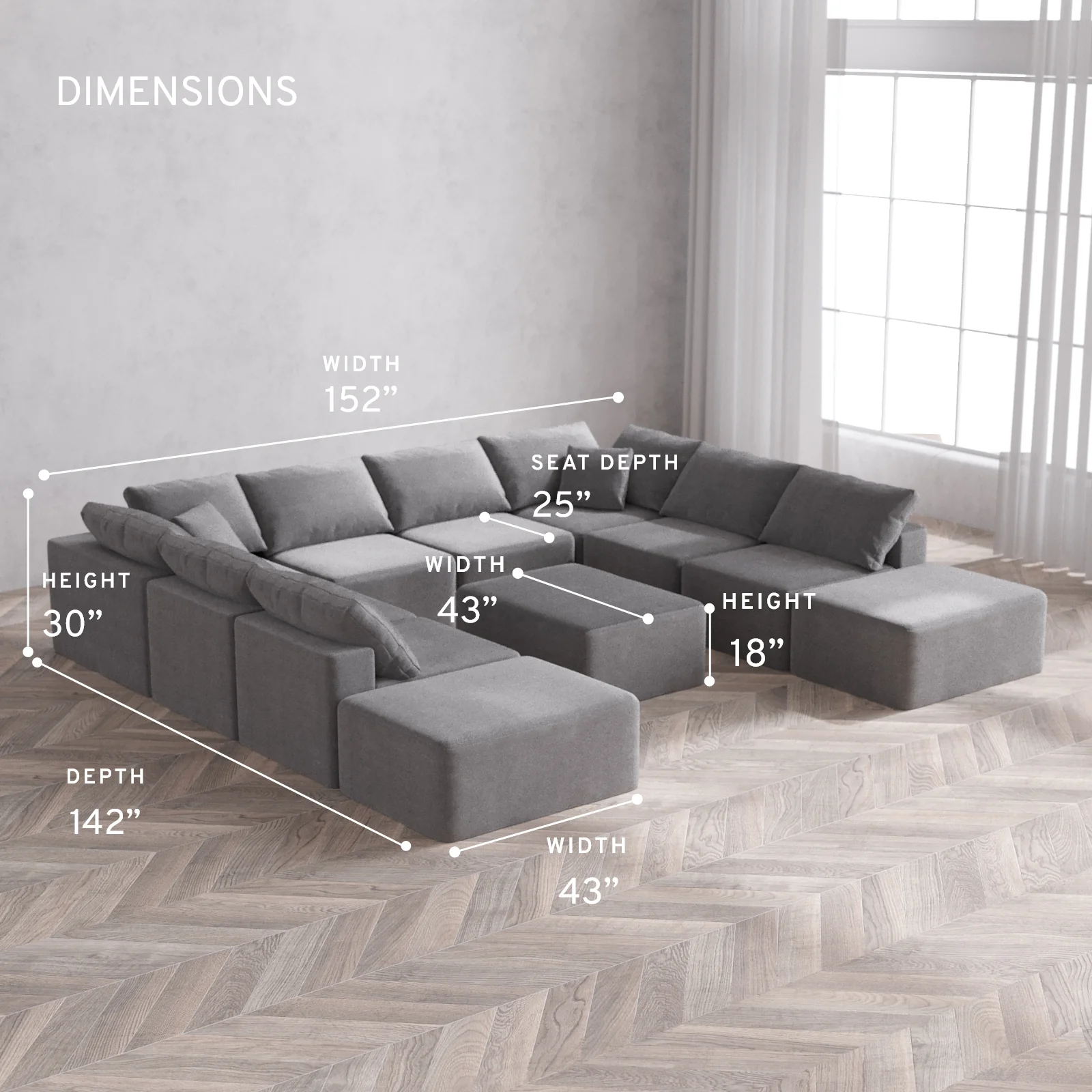 Modular Washable 10-Seater Open-Ends U Sectional + Chaise Ottoman Cloud Sofa | Lux Weave in Slate - Image 5
