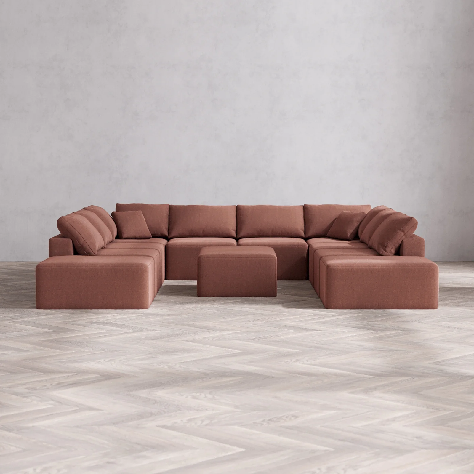Modular Washable 10-Seater Open-Ends U Sectional + Chaise Ottoman Cloud Sofa | Heirloom Velvet in Sumac
