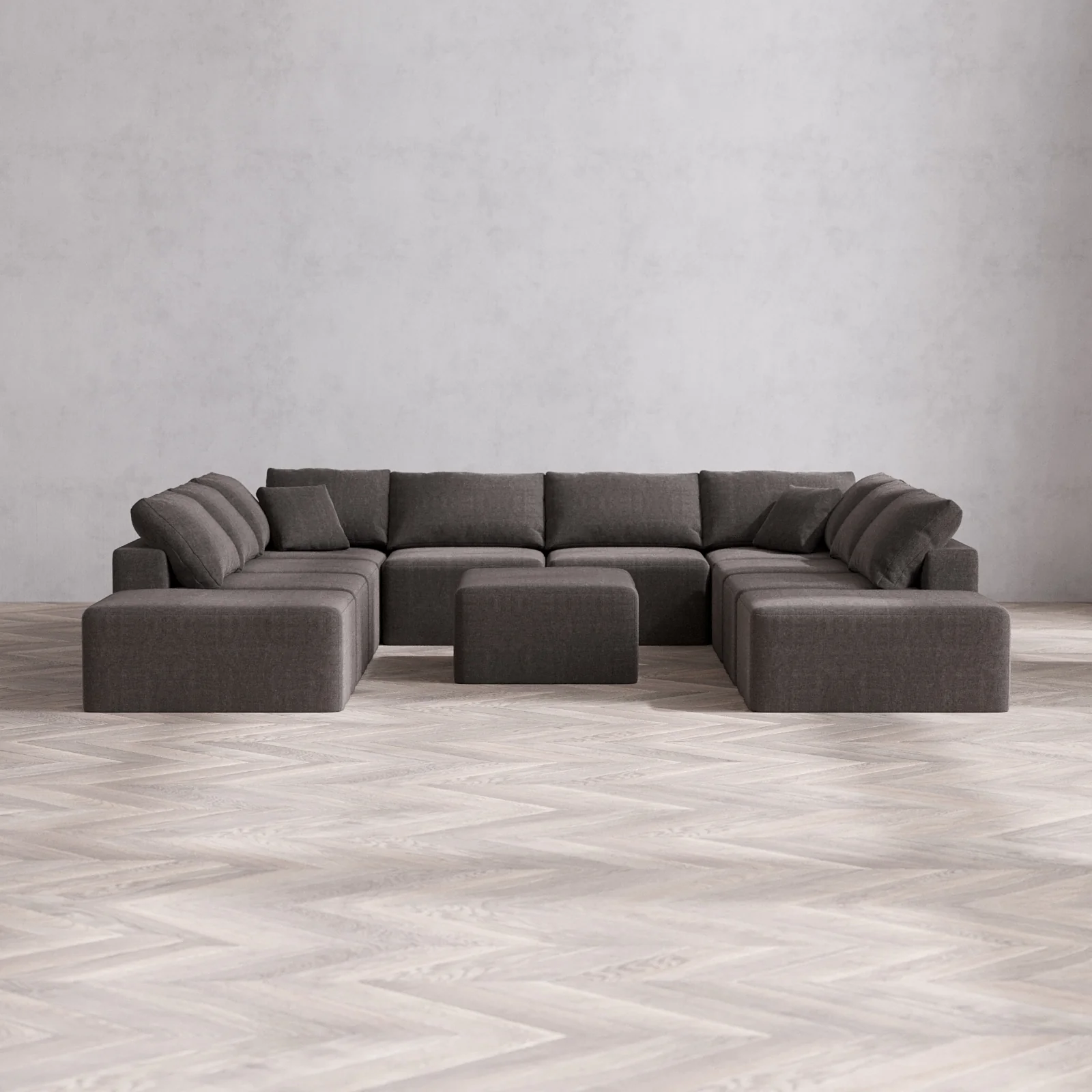 Modular Washable 10-Seater Open-Ends U Sectional + Chaise Ottoman Cloud Sofa | Heirloom Velvet in Truffle