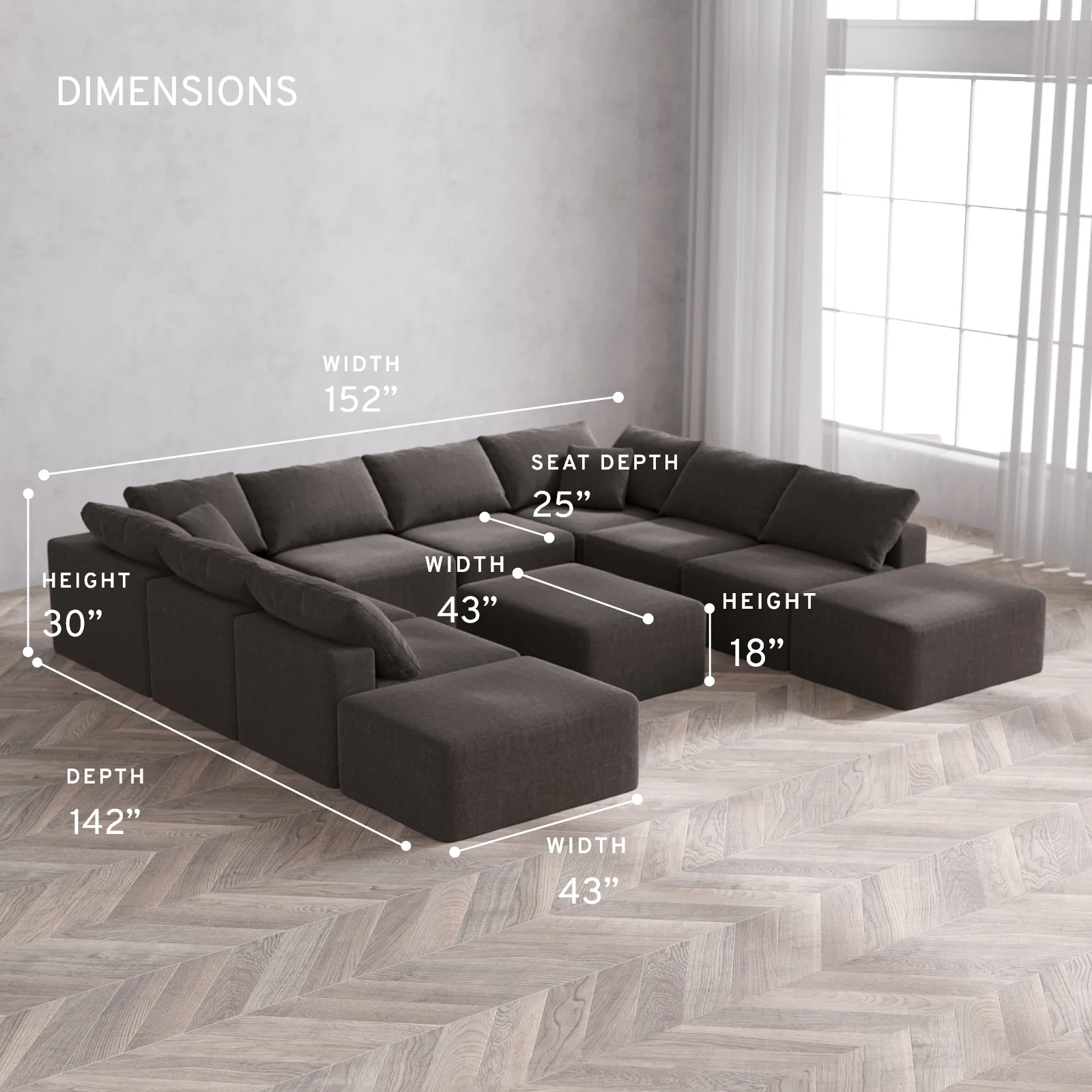 Modular Washable 10-Seater Open-Ends U Sectional + Chaise Ottoman Cloud Sofa | Heirloom Velvet in Truffle - Image 5