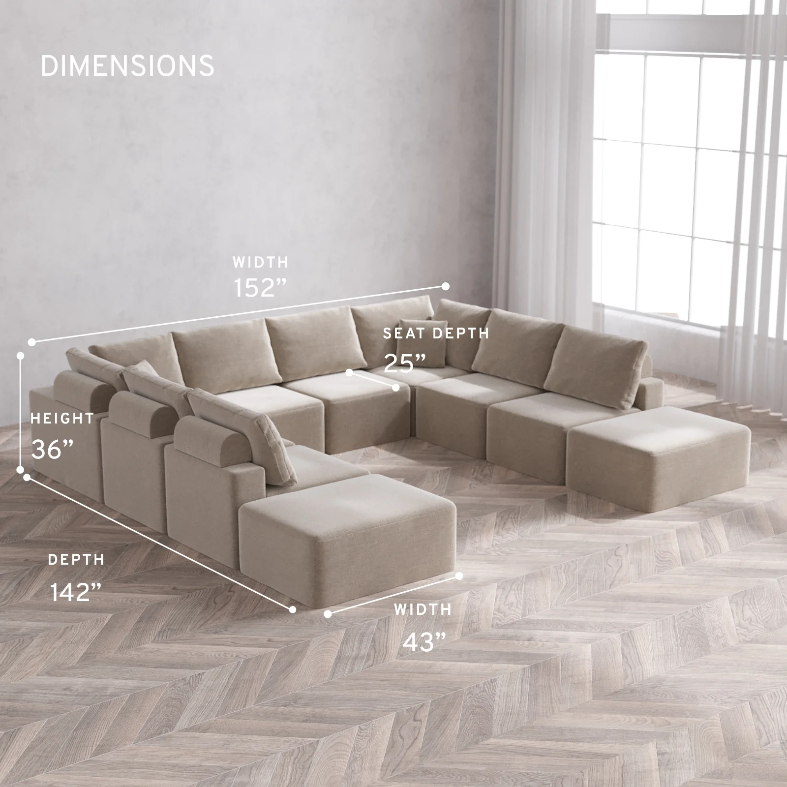 Modular Washable 10-Seater Open-Ends U Sectional Cloud + Bolster Sofa | Satin Velvet in Caraway - Image 5