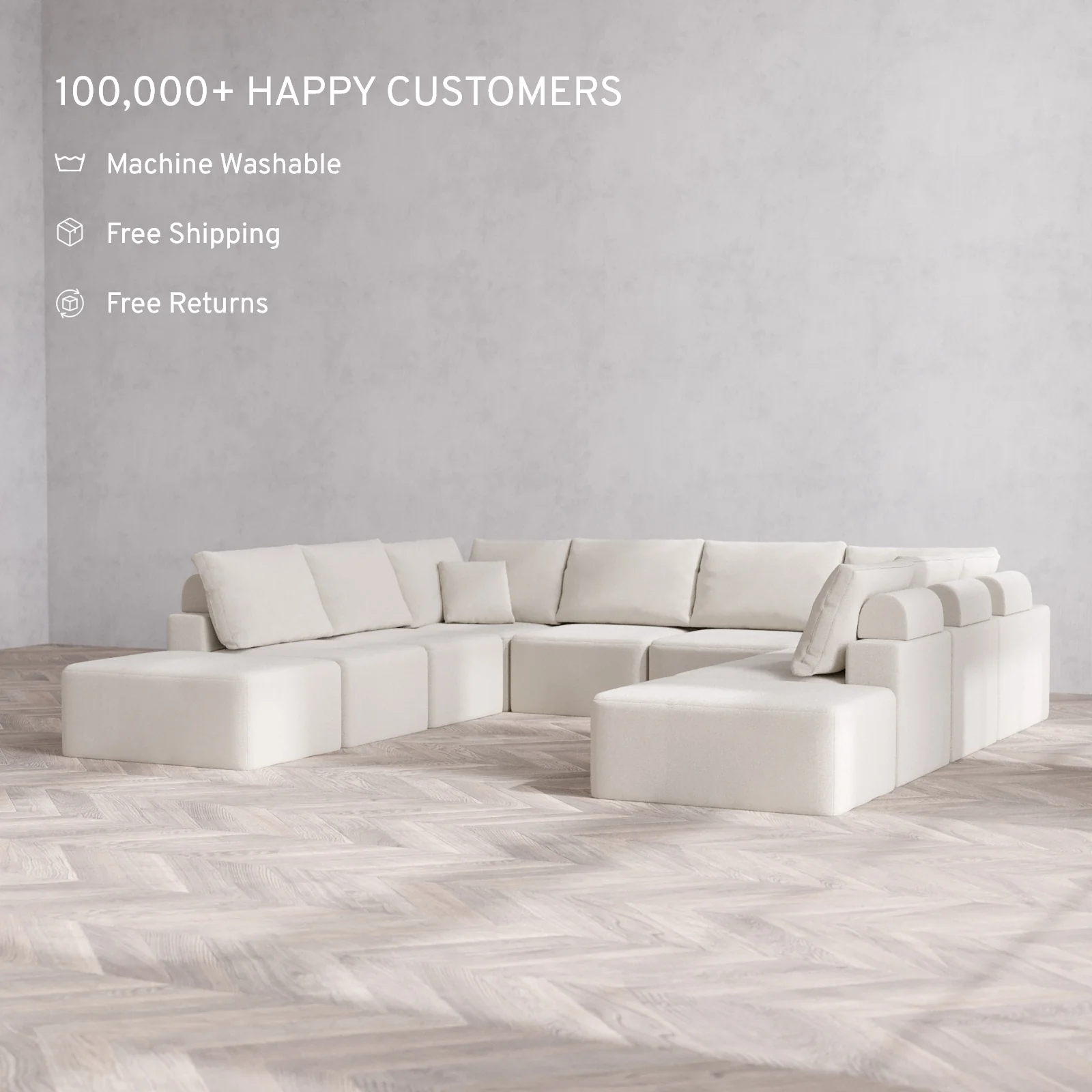 Modular Washable 10-Seater Open-Ends U Sectional Cloud + Bolster Sofa | Lux Weave in Pearl - Image 2
