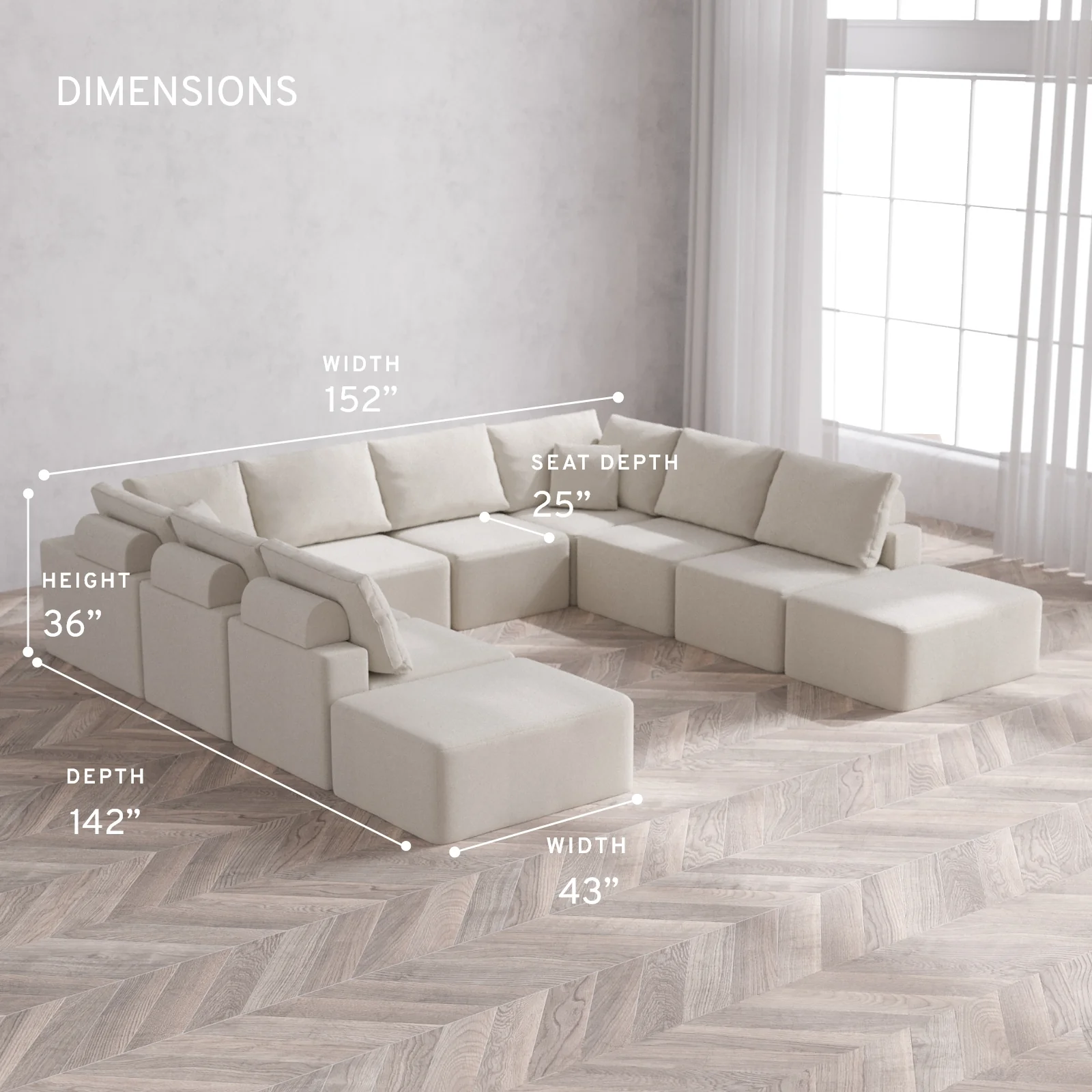 Modular Washable 10-Seater Open-Ends U Sectional Cloud + Bolster Sofa | Lux Weave in Pearl - Image 5