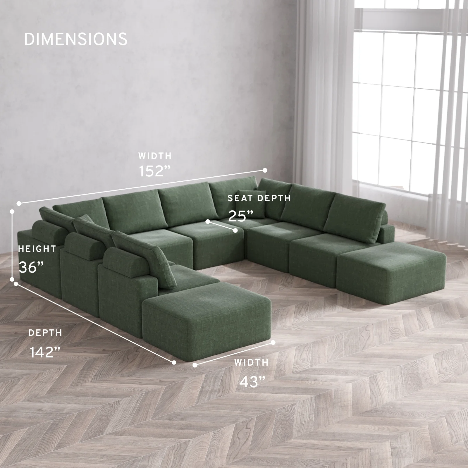 Modular Washable 10-Seater Open-Ends U Sectional Cloud + Bolster Sofa | Heirloom Velvet in Sage - Image 5