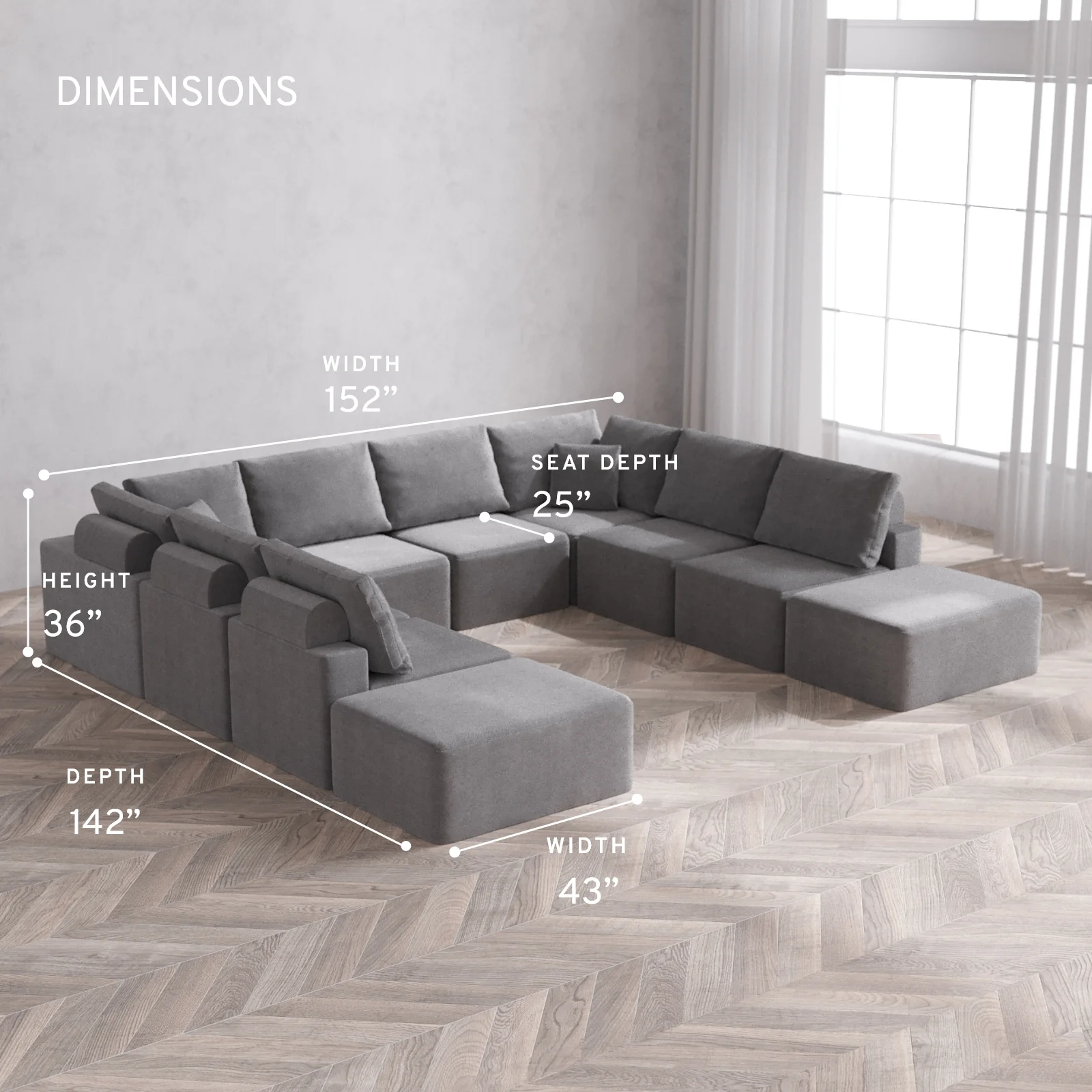 Modular Washable 10-Seater Open-Ends U Sectional Cloud + Bolster Sofa | Lux Weave in Slate - Image 5