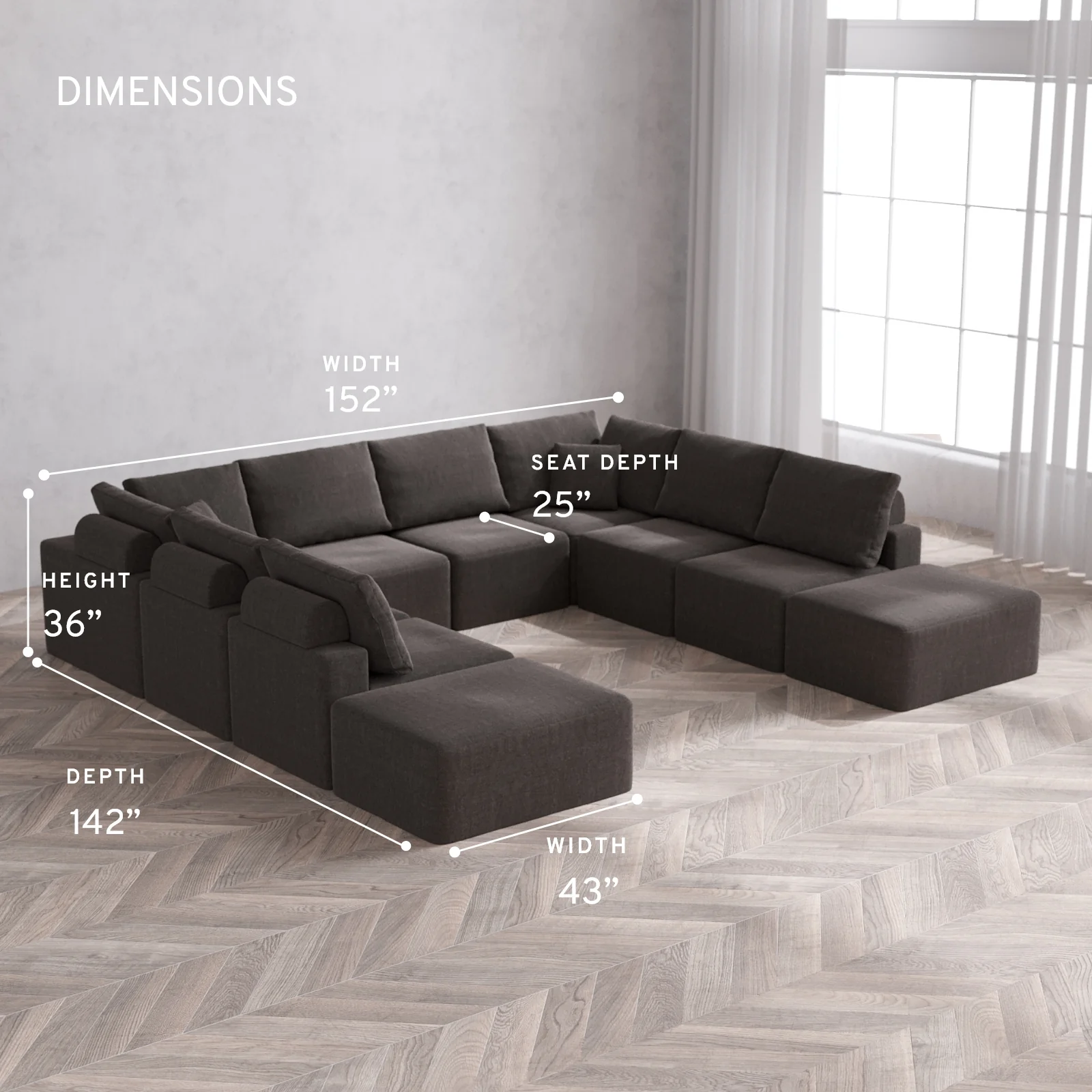 Modular Washable 10-Seater Open-Ends U Sectional Cloud + Bolster Sofa | Heirloom Velvet in Truffle - Image 5