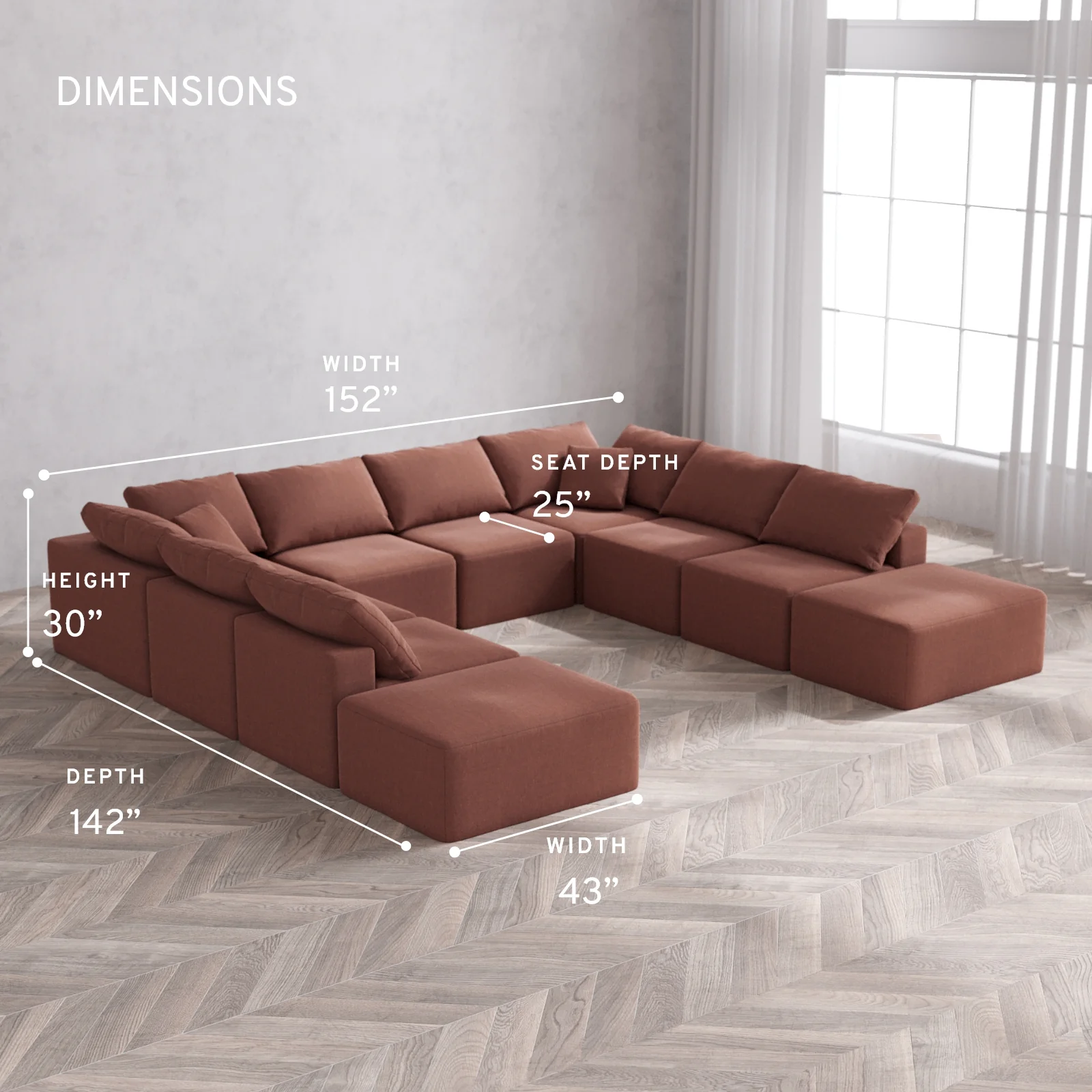 Modular Washable 10-Seater Open-Ends U Sectional Cloud Sofa | Heirloom Velvet in Sumac - Image 5