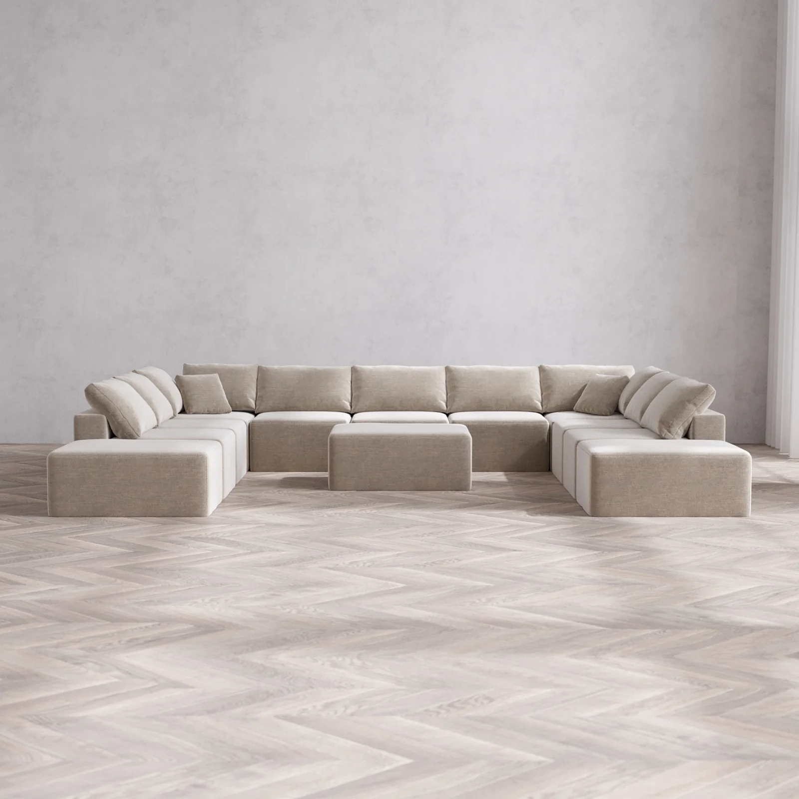 Modular Washable 11-Seater Open-Ends U Sectional + Chaise Ottoman Cloud Sofa | Satin Velvet in Caraway