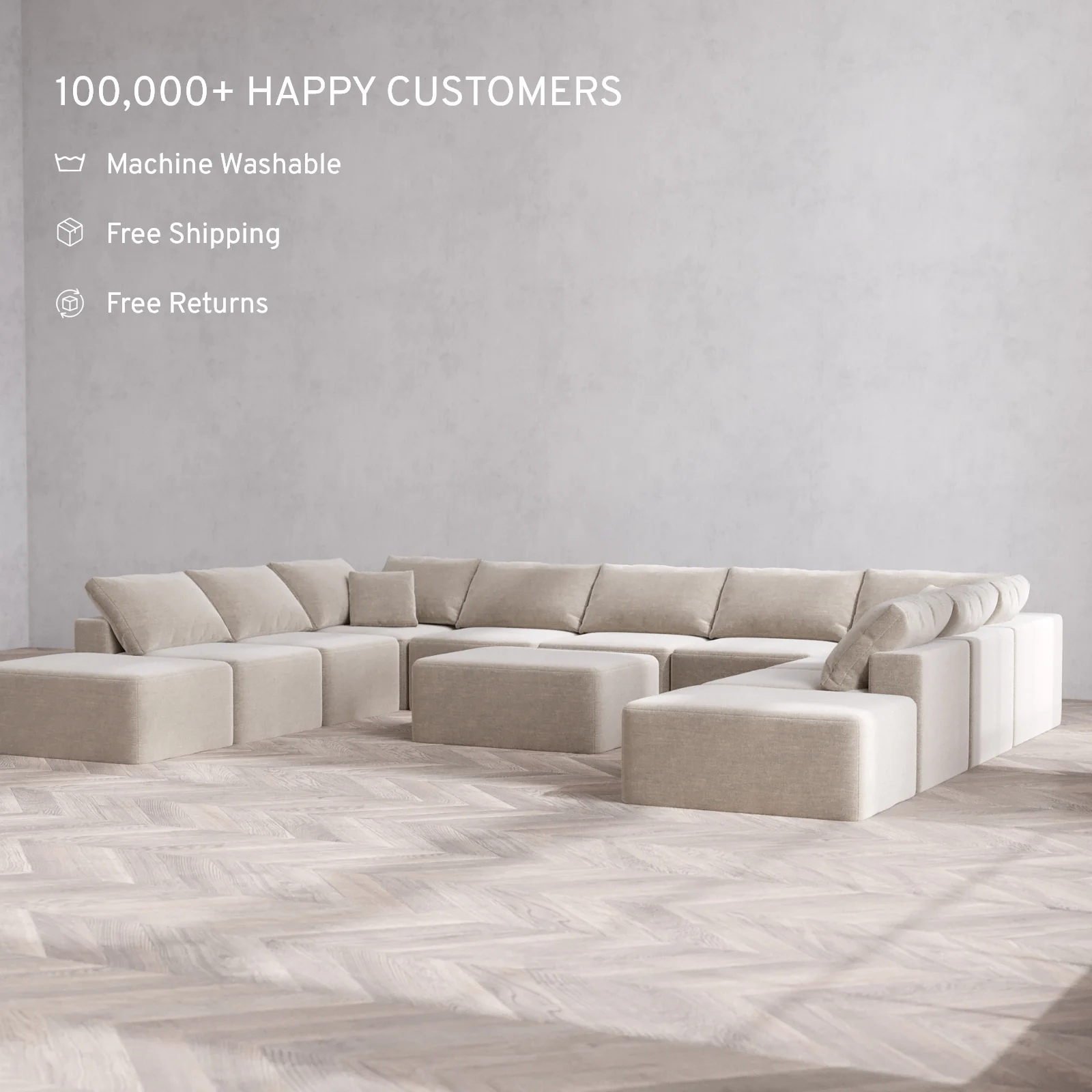 Modular Washable 11-Seater Open-Ends U Sectional + Chaise Ottoman Cloud Sofa | Satin Velvet in Caraway - Image 2