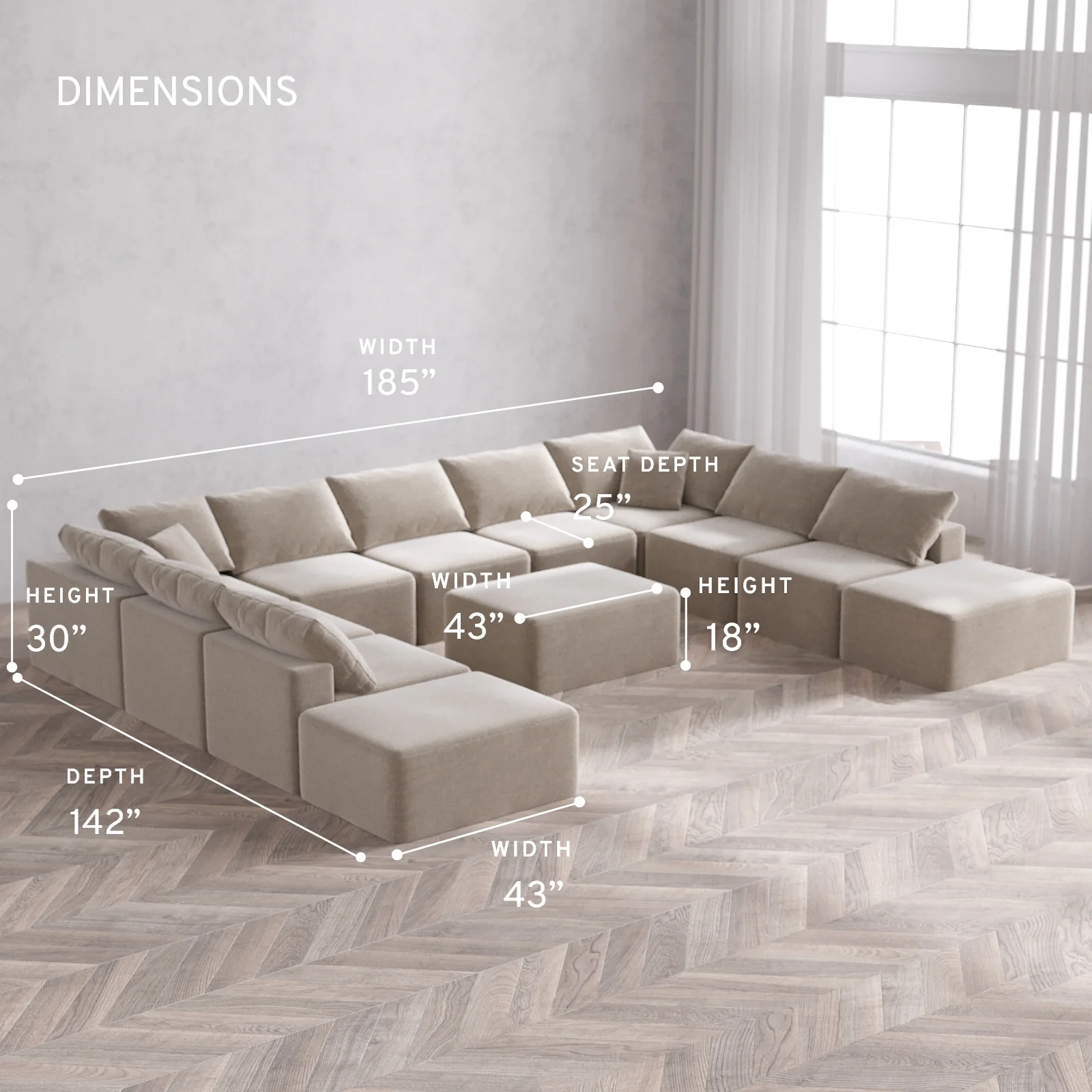 Modular Washable 11-Seater Open-Ends U Sectional + Chaise Ottoman Cloud Sofa | Satin Velvet in Caraway - Image 5