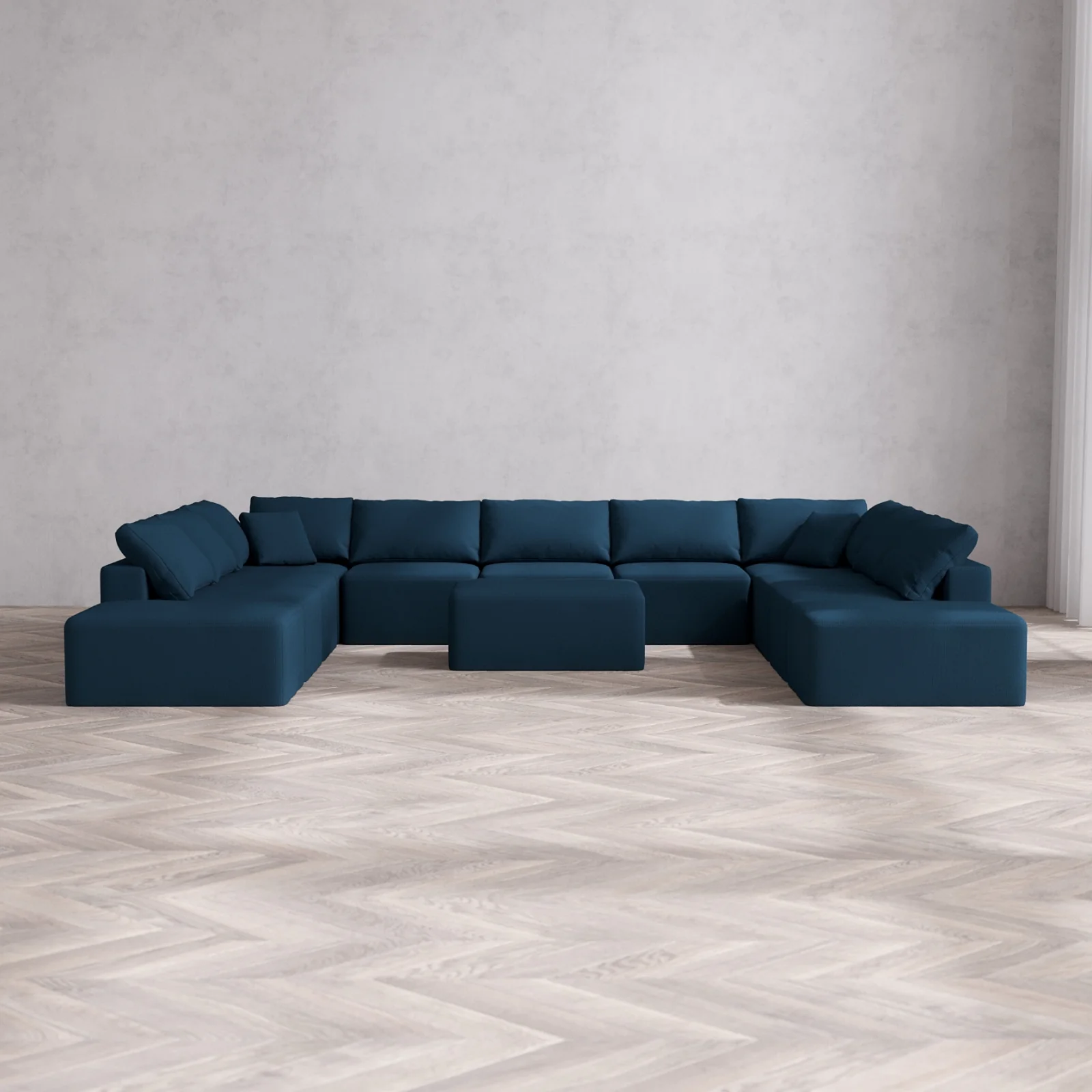Modular Washable 11-Seater Open-Ends U Sectional + Chaise Ottoman Cloud Sofa | Arden Weave in Lazuli