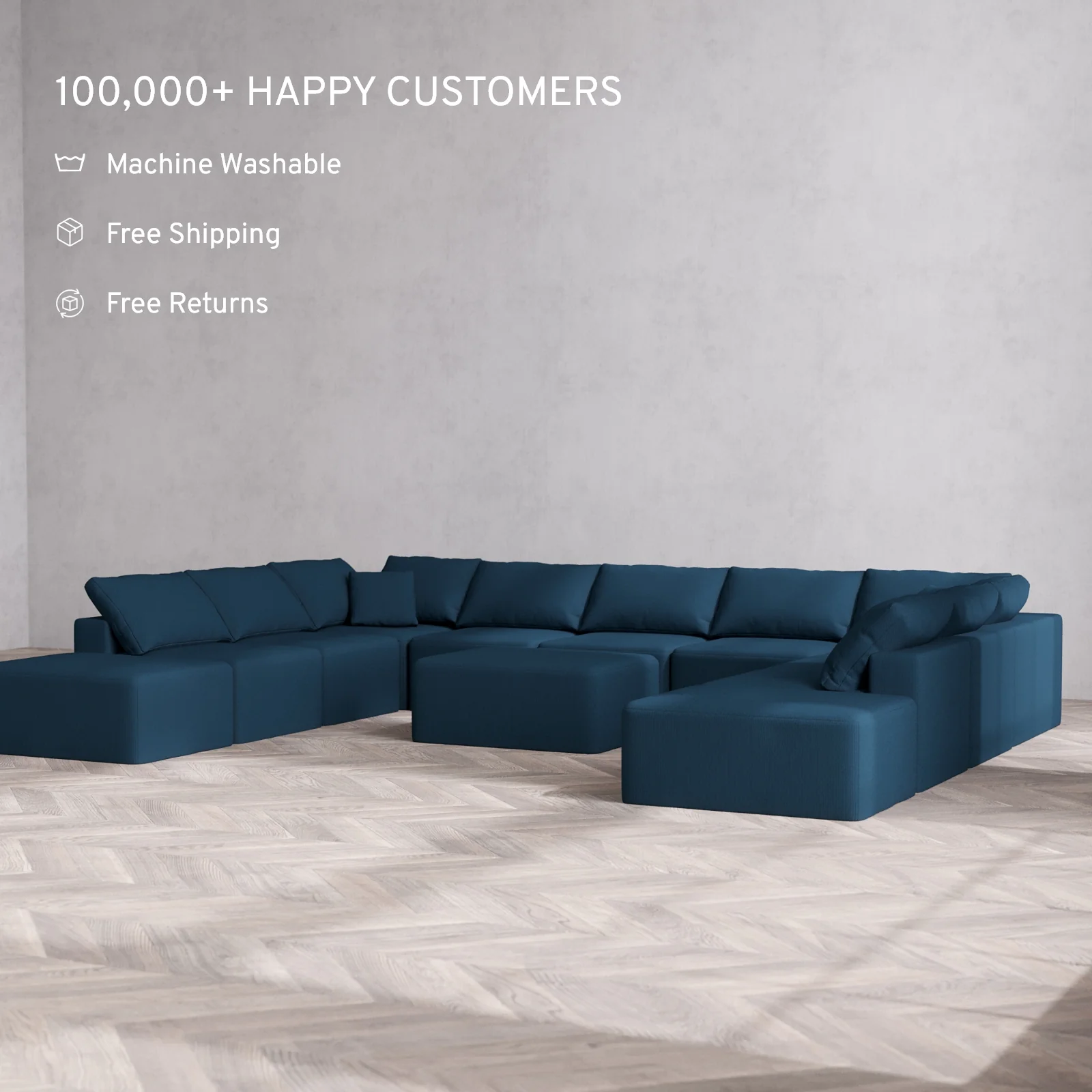 Modular Washable 11-Seater Open-Ends U Sectional + Chaise Ottoman Cloud Sofa | Arden Weave in Lazuli - Image 2