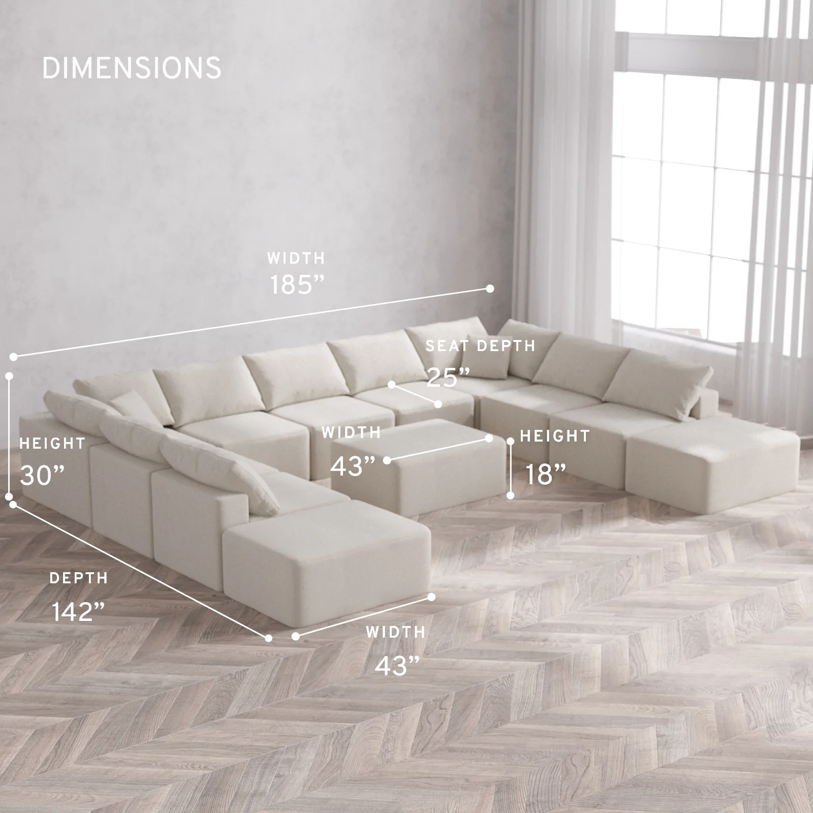 Modular Washable 11-Seater Open-Ends U Sectional + Chaise Ottoman Cloud Sofa | Lux Weave in Pearl - Image 5