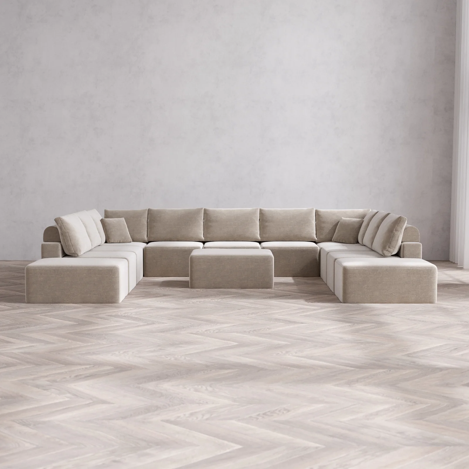Modular Washable 11-Seater Open-Ends U Sectional + Chaise Ottoman Cloud + Bolster Sofa | Satin Velvet in Caraway