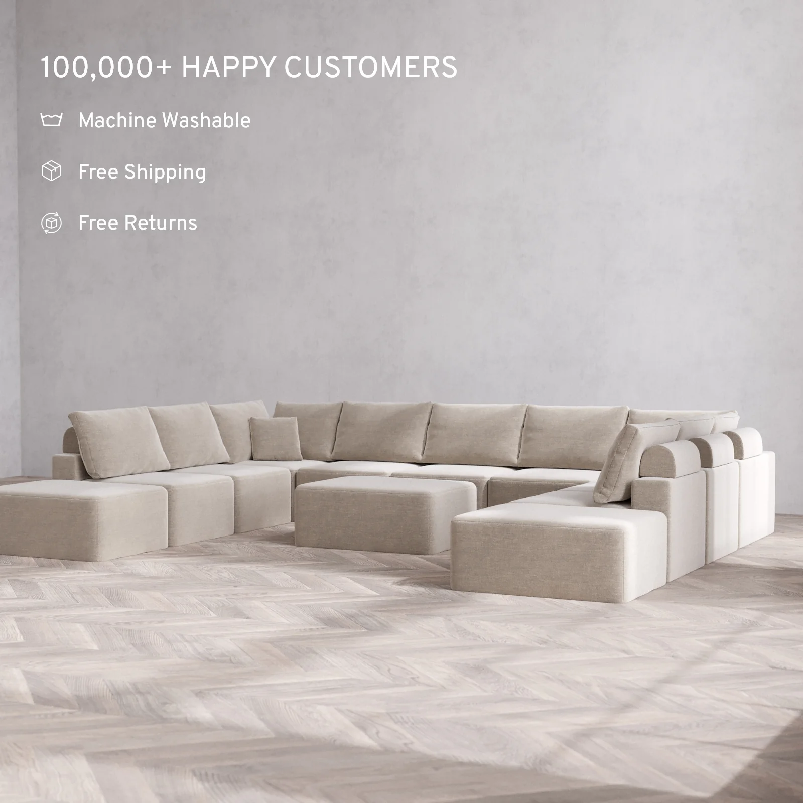 Modular Washable 11-Seater Open-Ends U Sectional + Chaise Ottoman Cloud + Bolster Sofa | Satin Velvet in Caraway - Image 2