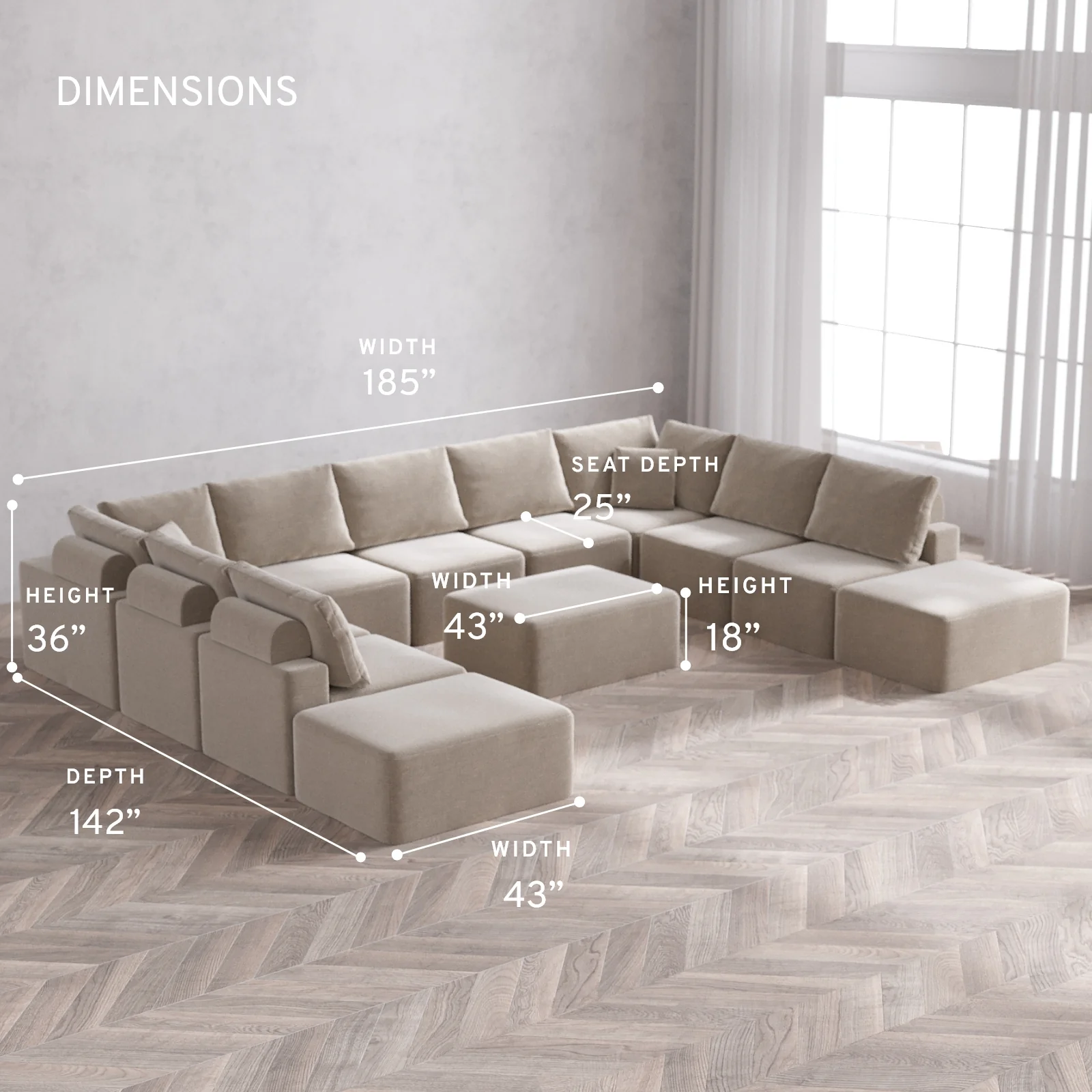 Modular Washable 11-Seater Open-Ends U Sectional + Chaise Ottoman Cloud + Bolster Sofa | Satin Velvet in Caraway - Image 5