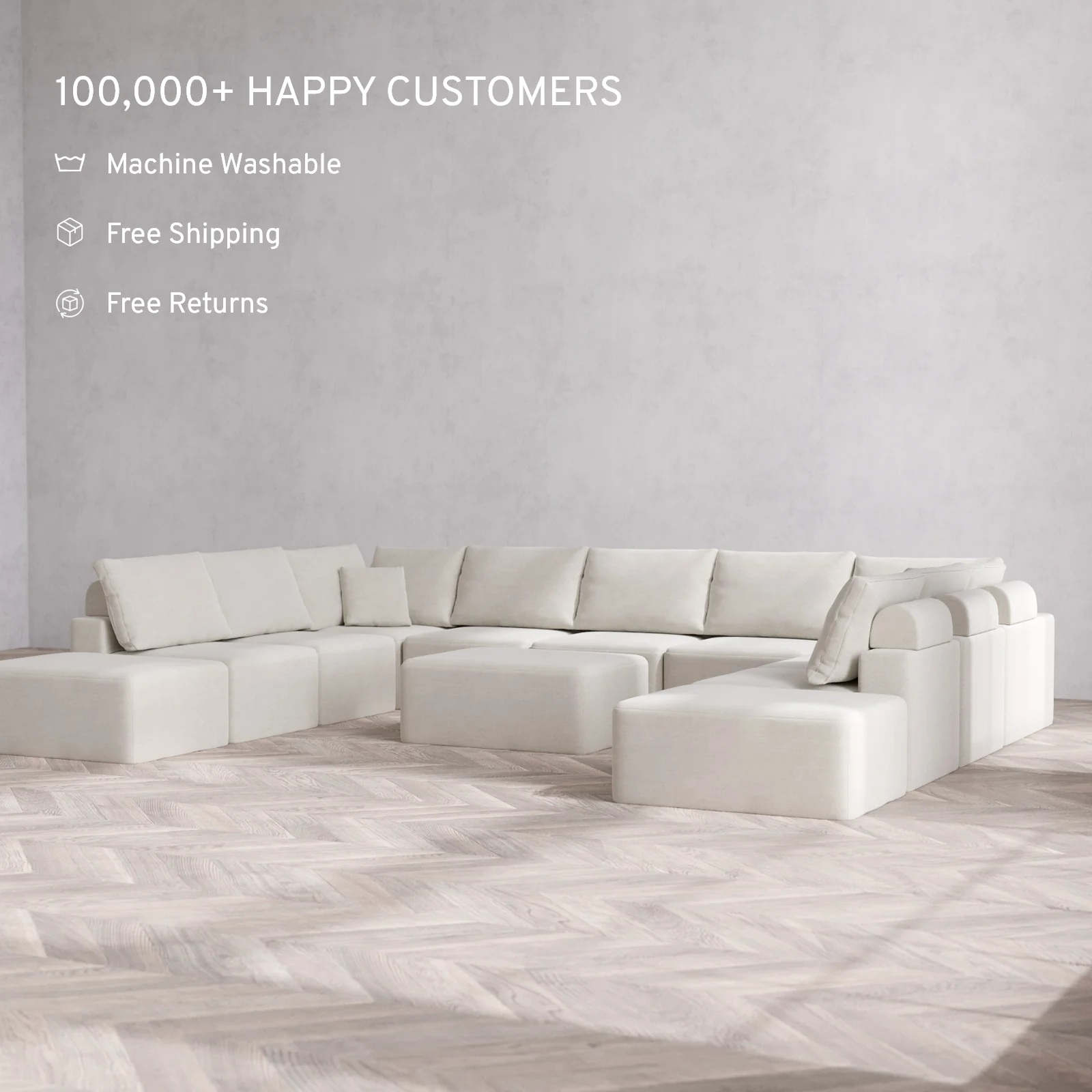 Modular Washable 11-Seater Open-Ends U Sectional + Chaise Ottoman Cloud + Bolster Sofa | Satin Velvet in Cashew - Image 2