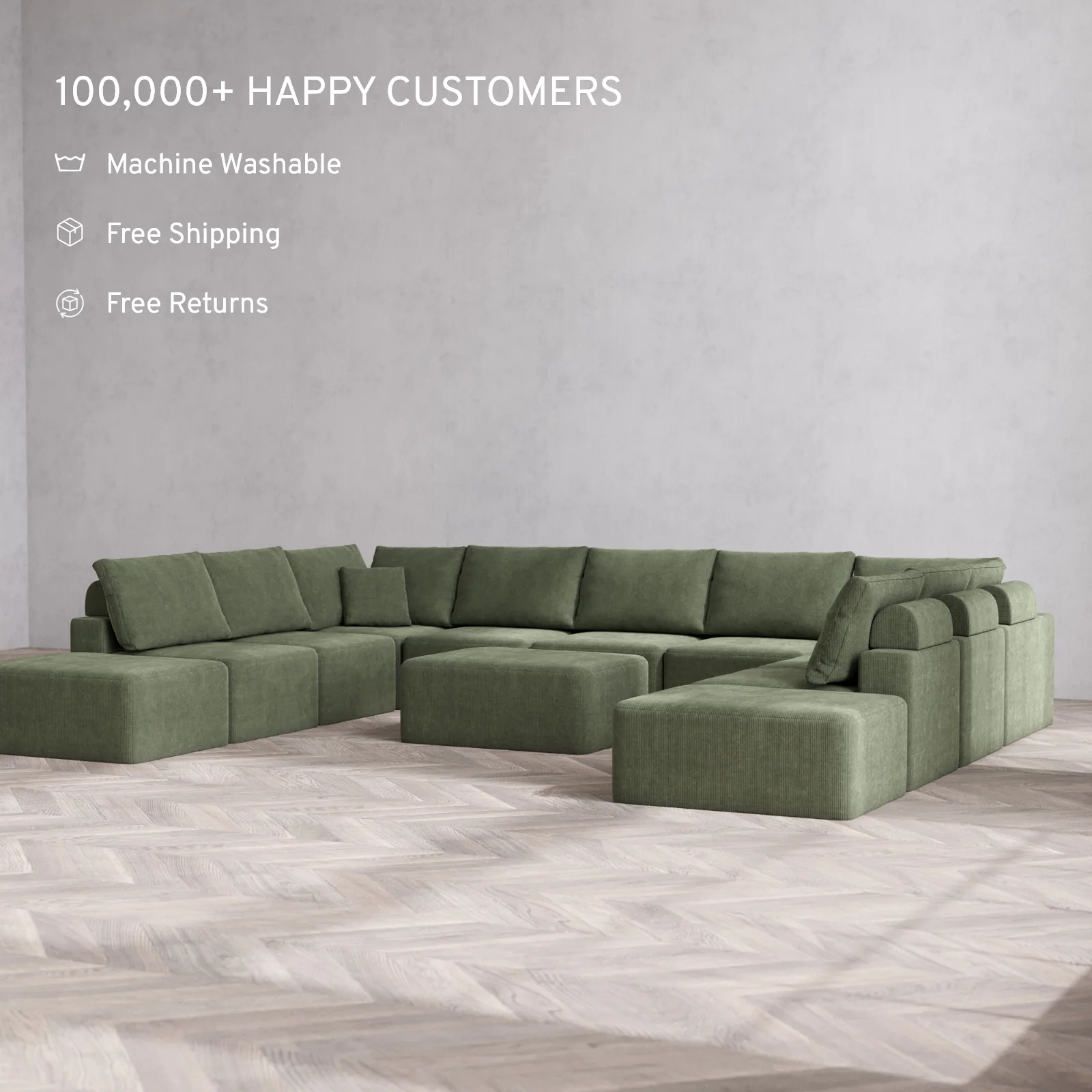 Modular Washable 11-Seater Open-Ends U Sectional + Chaise Ottoman Cloud + Bolster Sofa | Luxe Corduroy in Juniper - Image 2