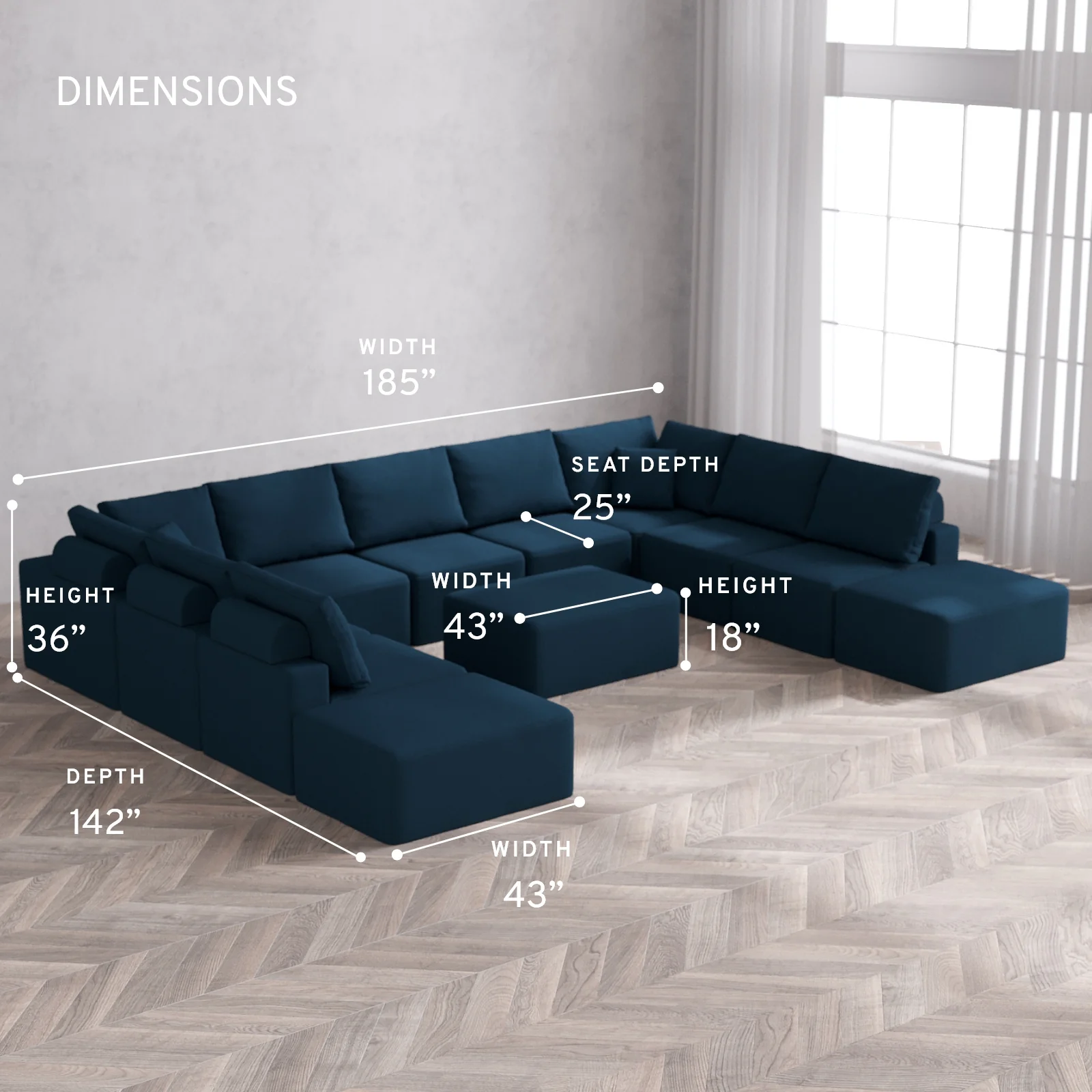 Modular Washable 11-Seater Open-Ends U Sectional + Chaise Ottoman Cloud + Bolster Sofa | Arden Weave in Lazuli - Image 5