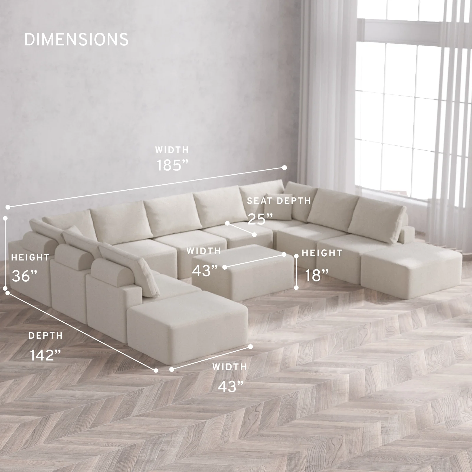 Modular Washable 11-Seater Open-Ends U Sectional + Chaise Ottoman Cloud + Bolster Sofa | Lux Weave in Pearl - Image 5