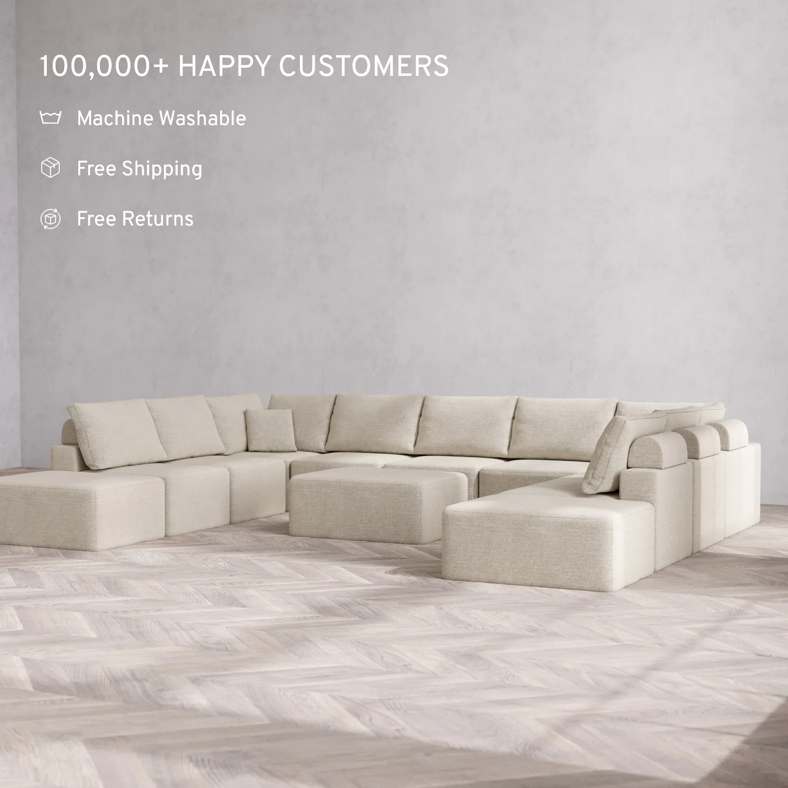 Modular Washable 11-Seater Open-Ends U Sectional + Chaise Ottoman Cloud + Bolster Sofa | Plush Twill in Sandstone - Image 2