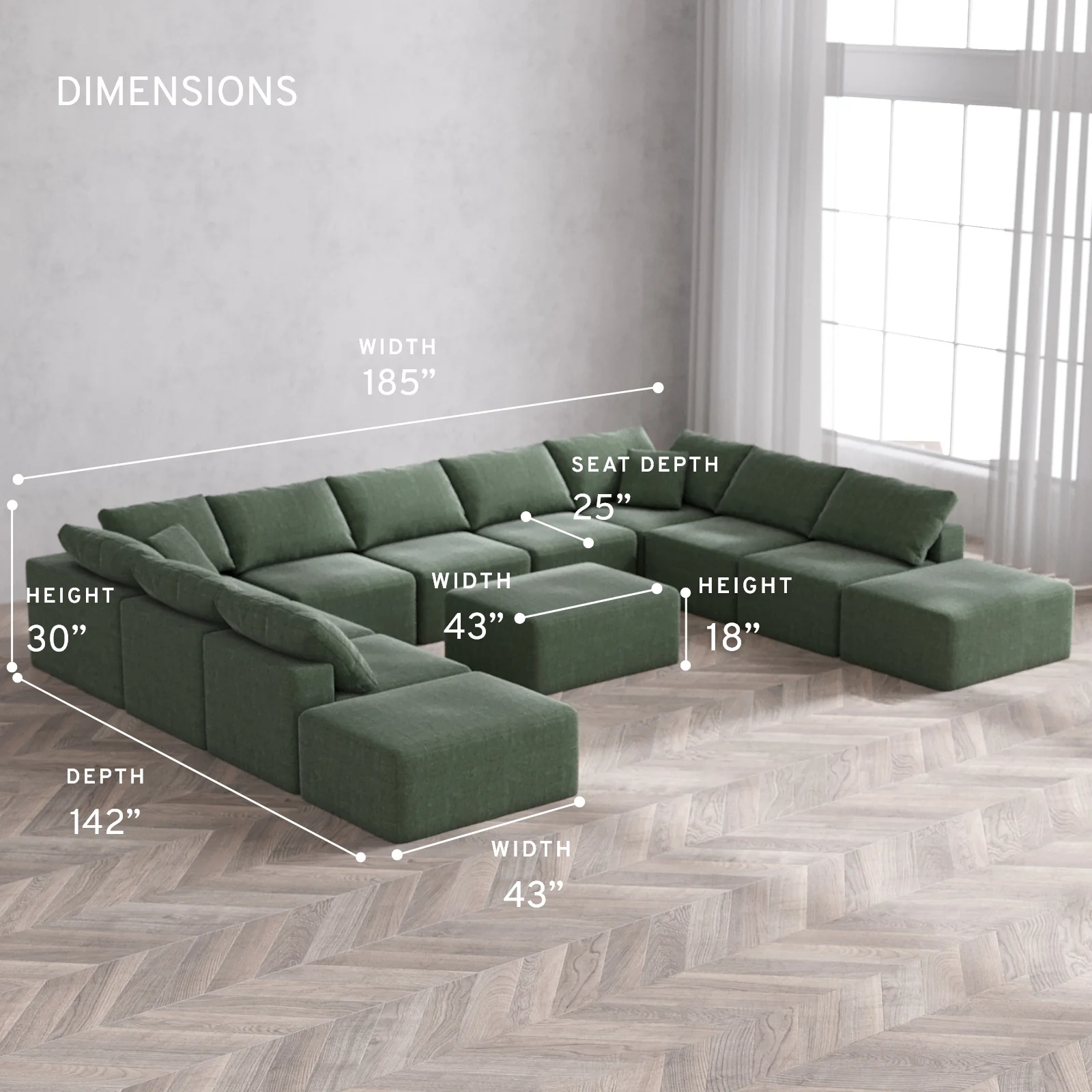 Modular Washable 11-Seater Open-Ends U Sectional + Chaise Ottoman Cloud Sofa | Heirloom Velvet in Sage - Image 5