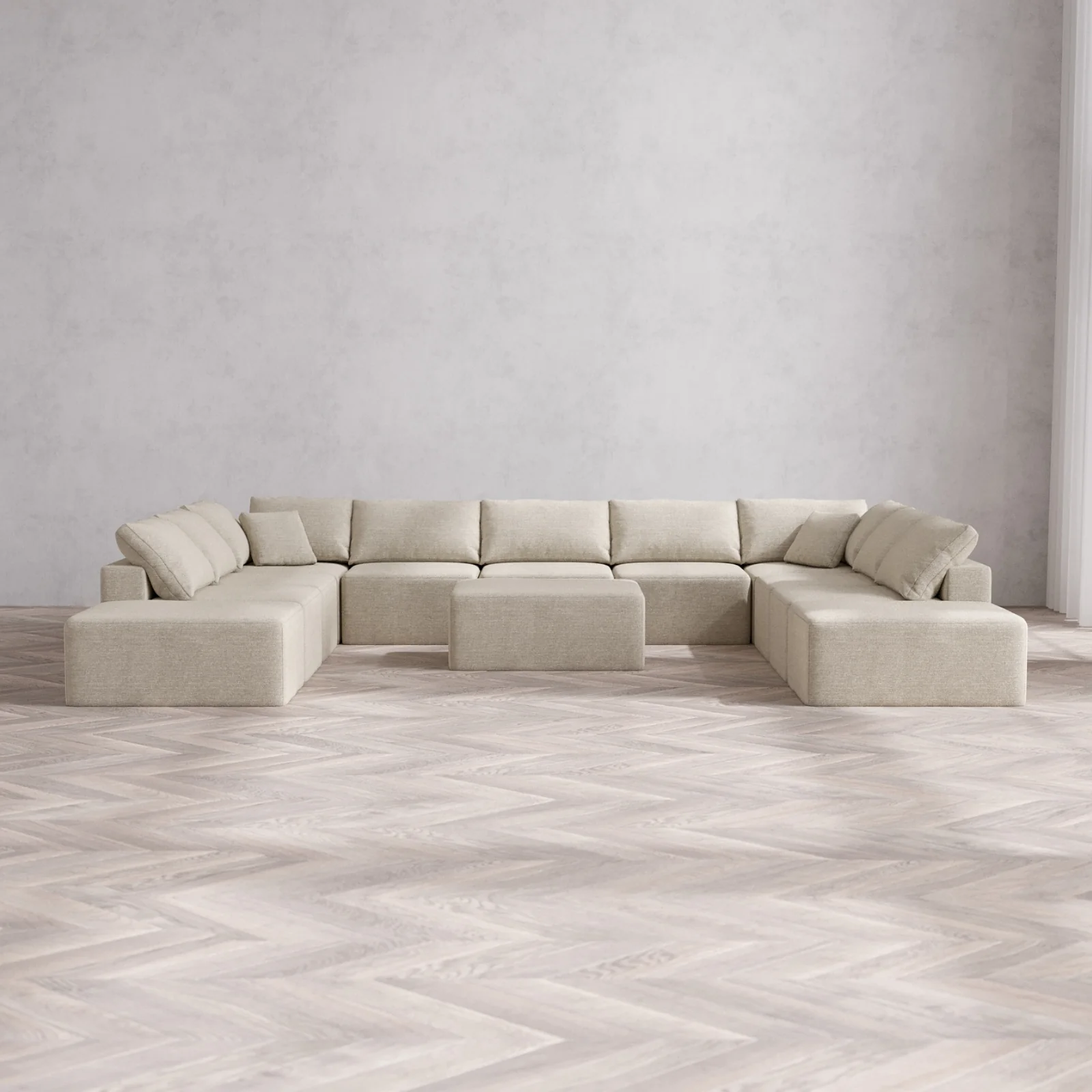 Modular Washable 11-Seater Open-Ends U Sectional + Chaise Ottoman Cloud Sofa | Plush Twill in Sandstone