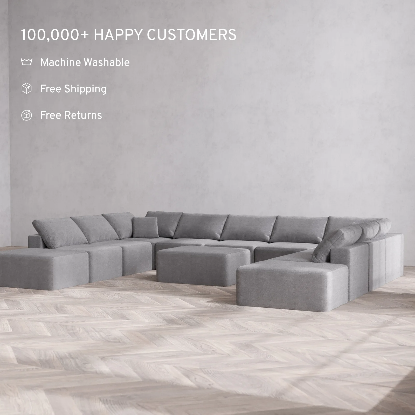 Modular Washable 11-Seater Open-Ends U Sectional + Chaise Ottoman Cloud Sofa | Lux Weave in Slate - Image 2