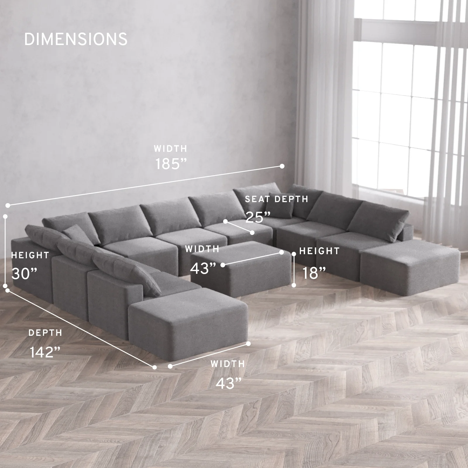 Modular Washable 11-Seater Open-Ends U Sectional + Chaise Ottoman Cloud Sofa | Lux Weave in Slate - Image 5
