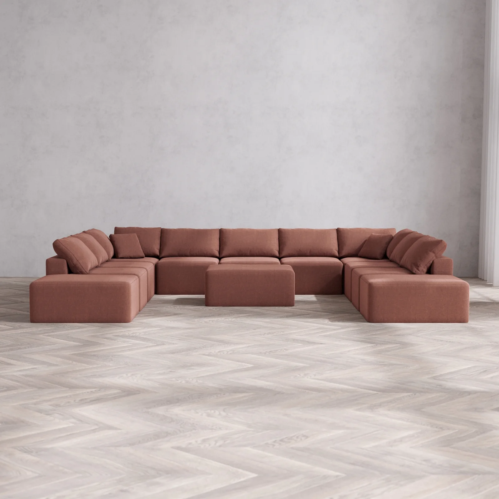 Modular Washable 11-Seater Open-Ends U Sectional + Chaise Ottoman Cloud Sofa | Heirloom Velvet in Sumac