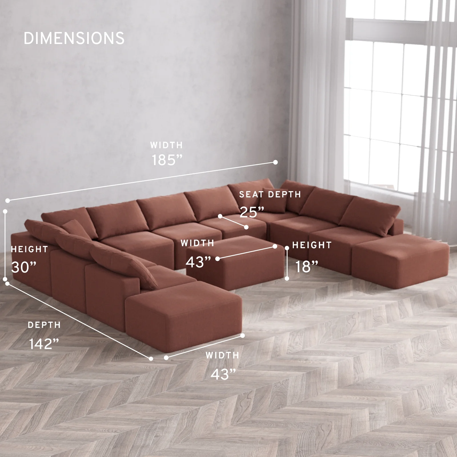 Modular Washable 11-Seater Open-Ends U Sectional + Chaise Ottoman Cloud Sofa | Heirloom Velvet in Sumac - Image 5